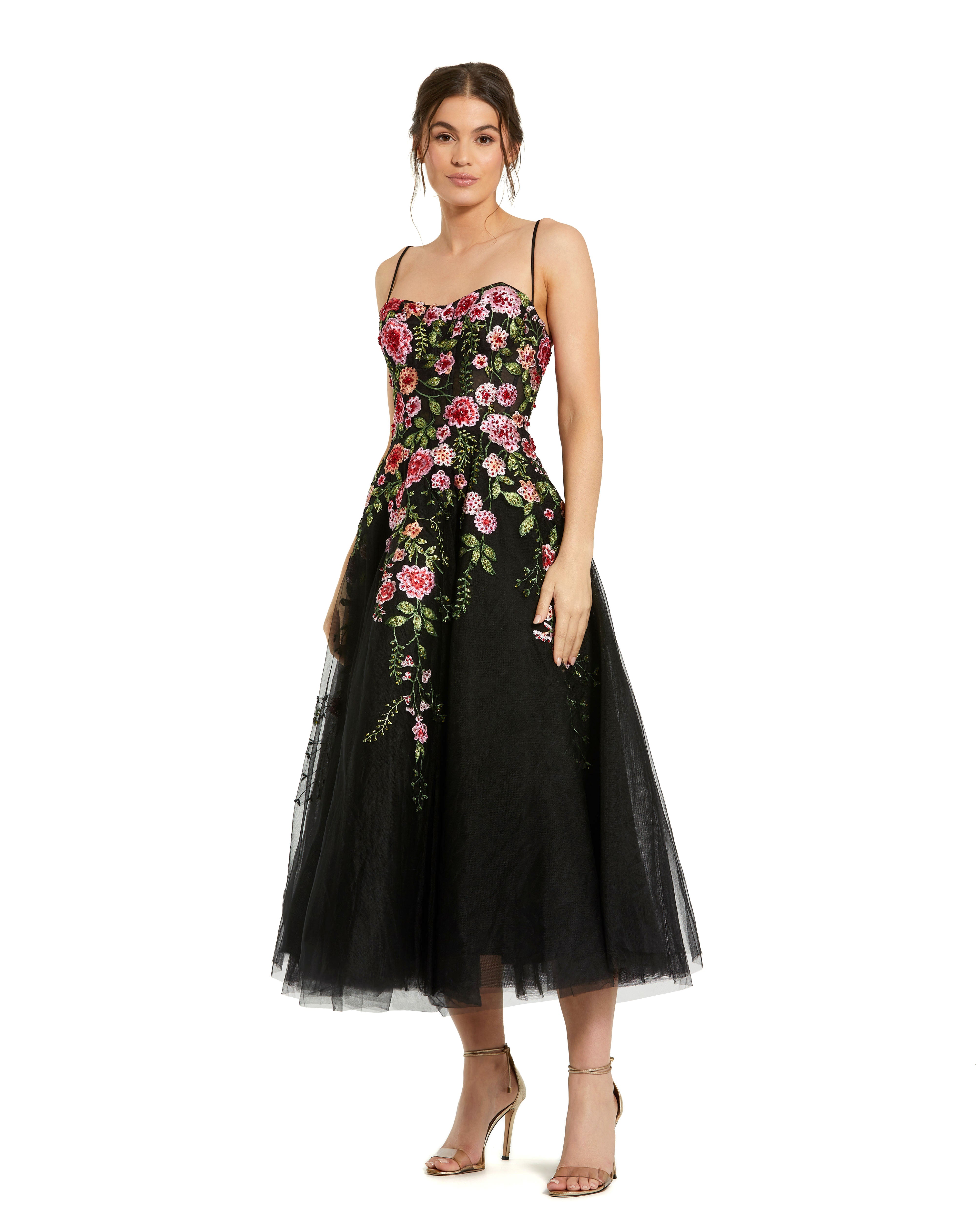 Black Floral Embroidered Midi Dress