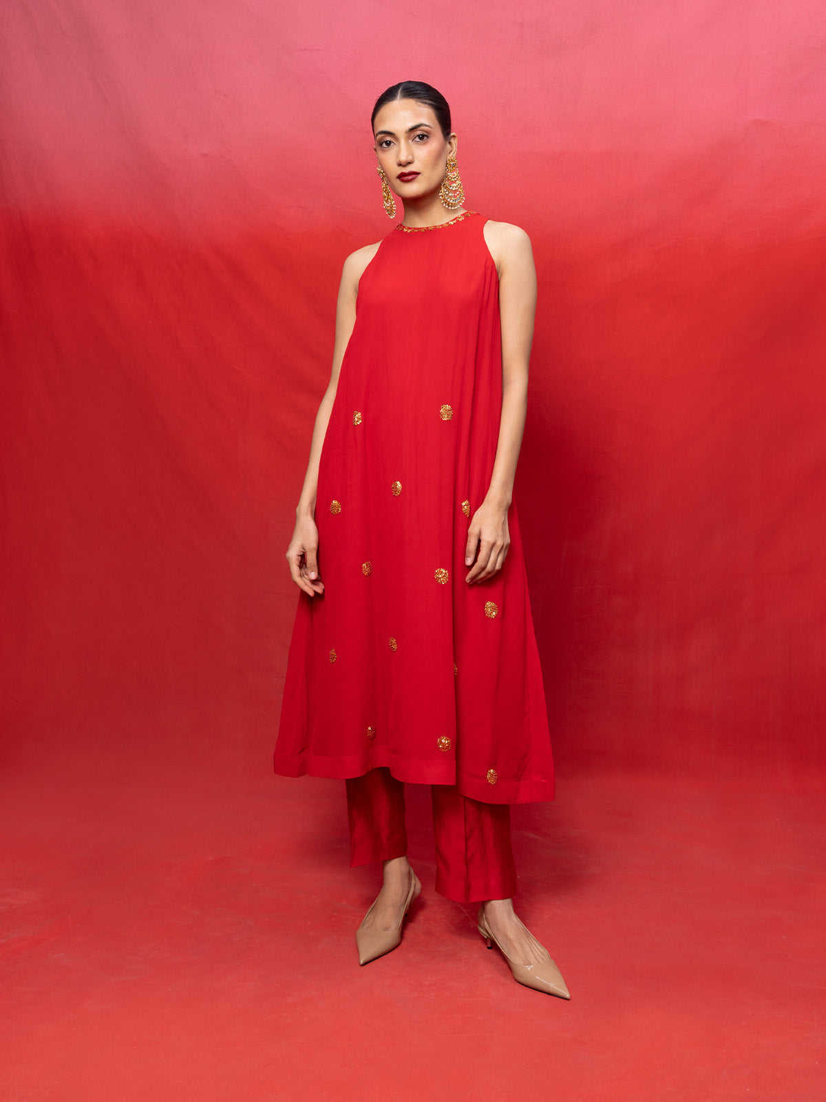 Handwoven Red Georgette Embroidered Suit Set