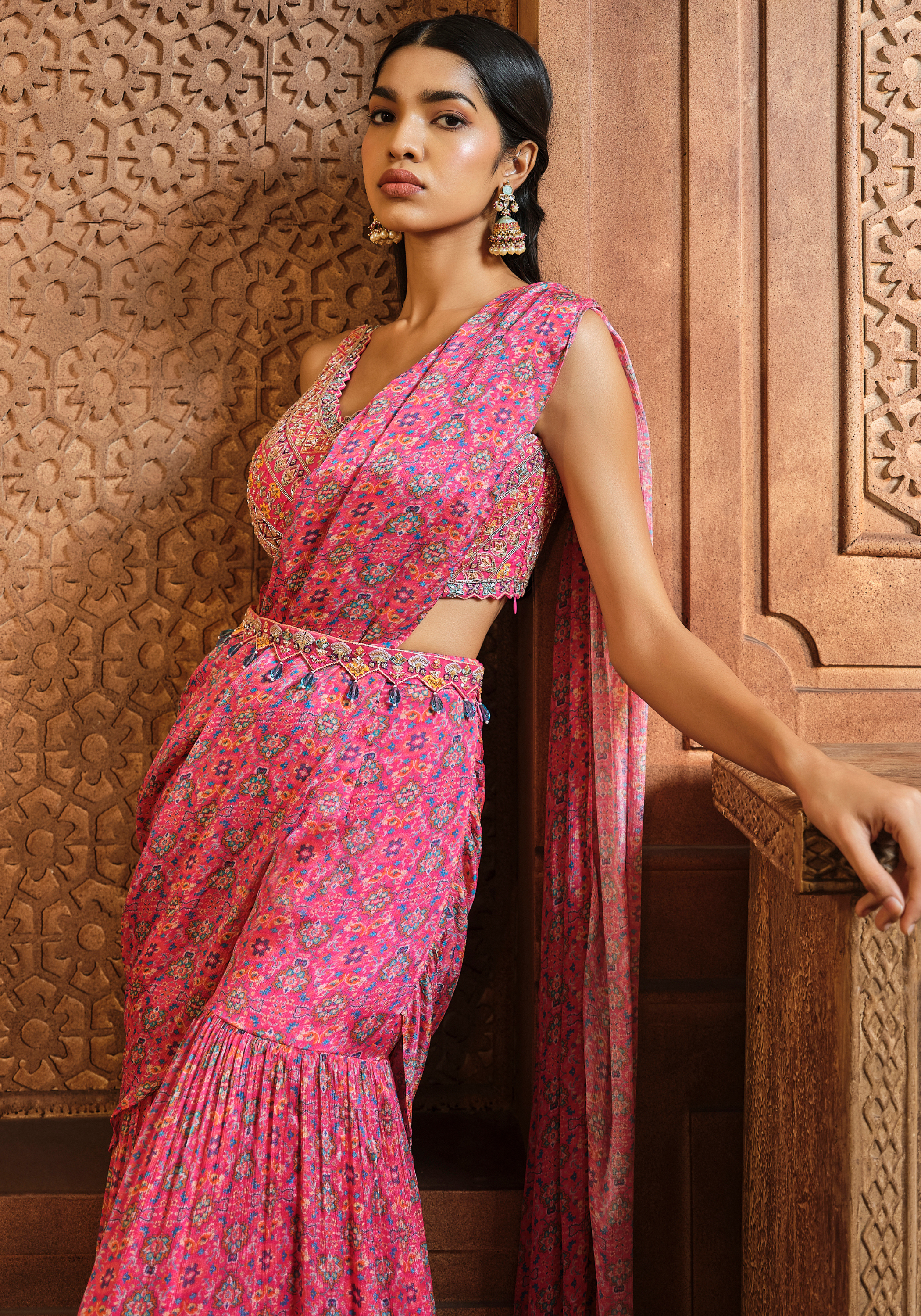 Pink Persian Printed Draped Sharara Saree