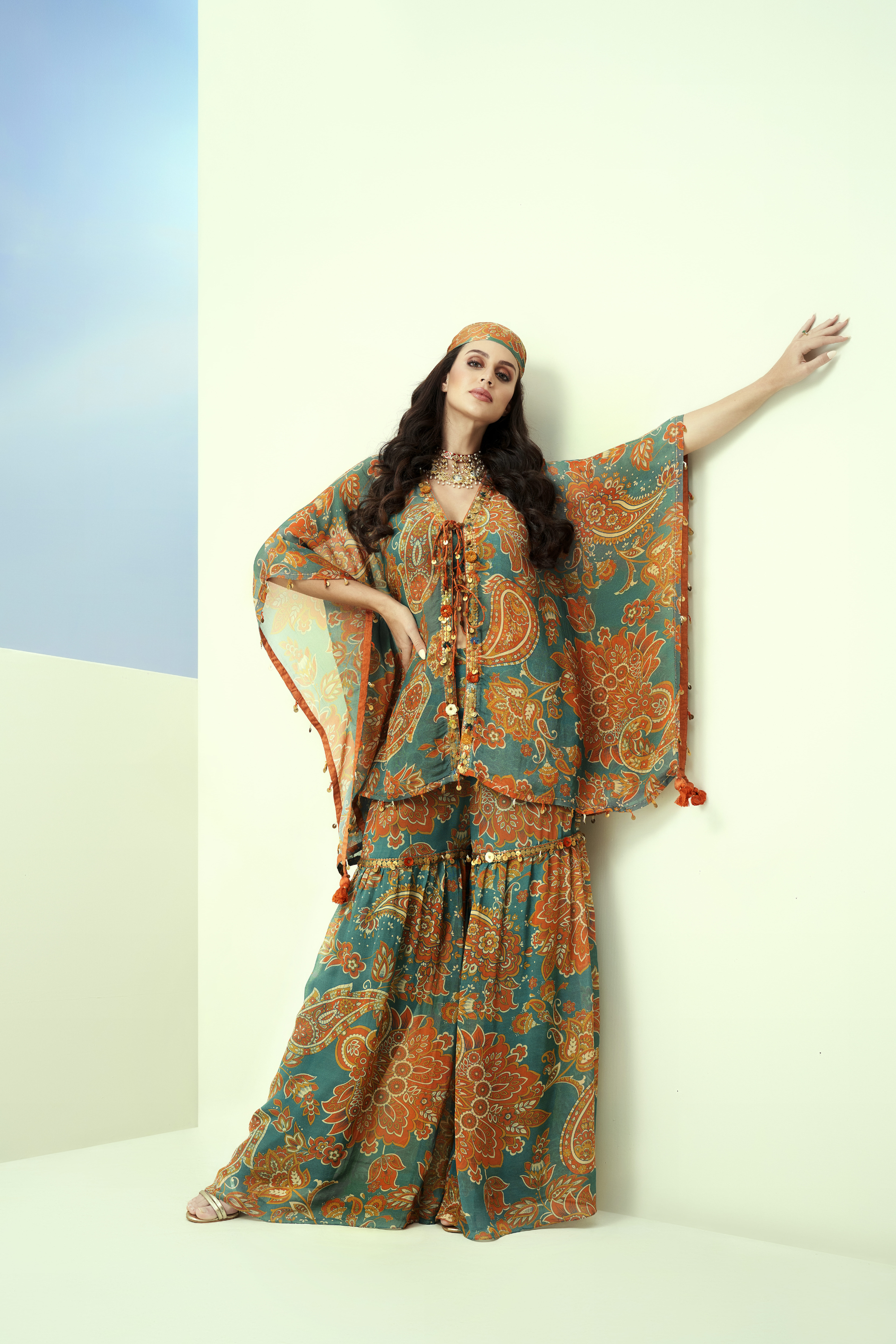 Blue Printed Organza Kaftan & Sharara Pant