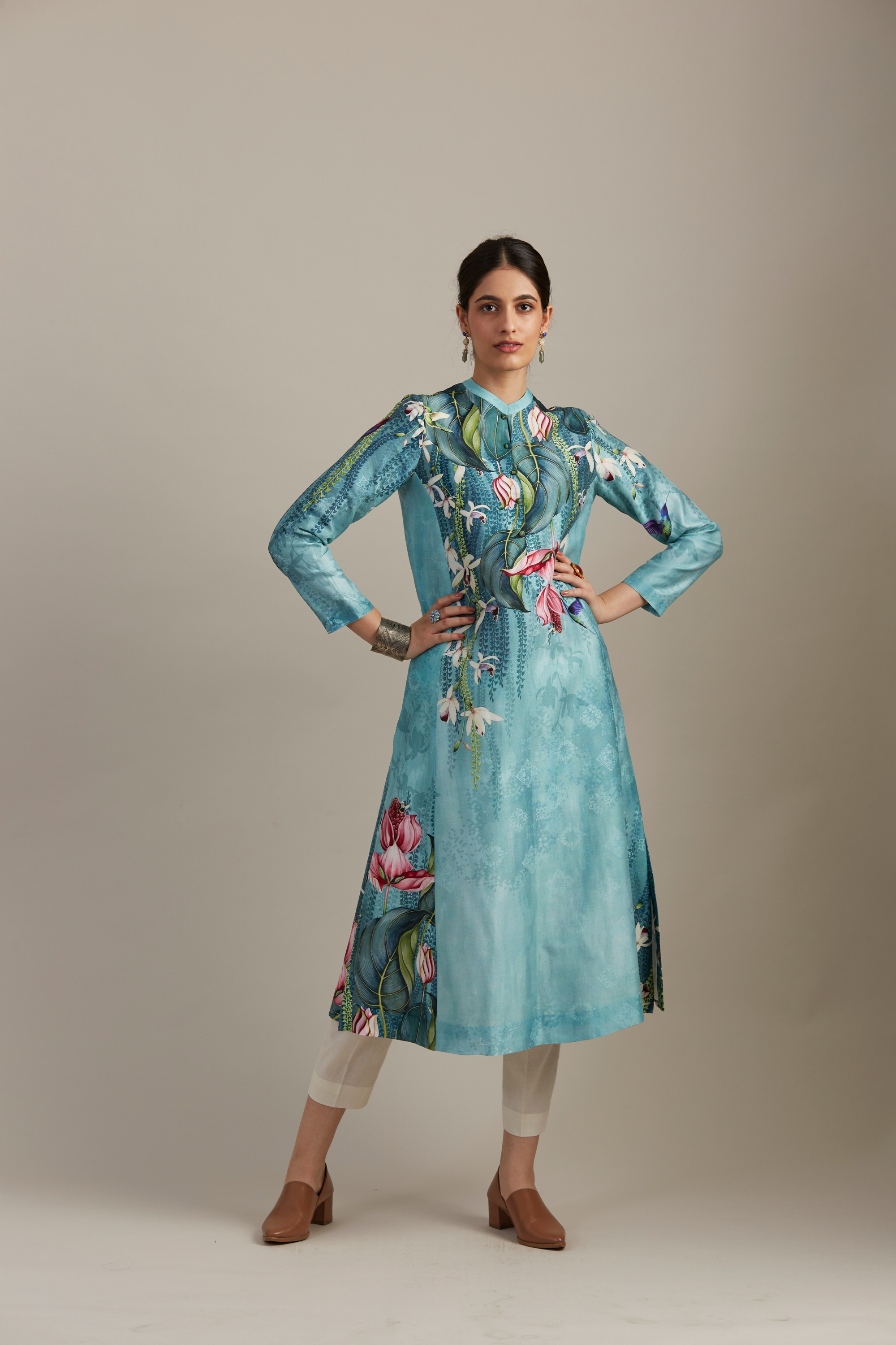 Aqua Foresta Printed Silk Chanderi Kurta