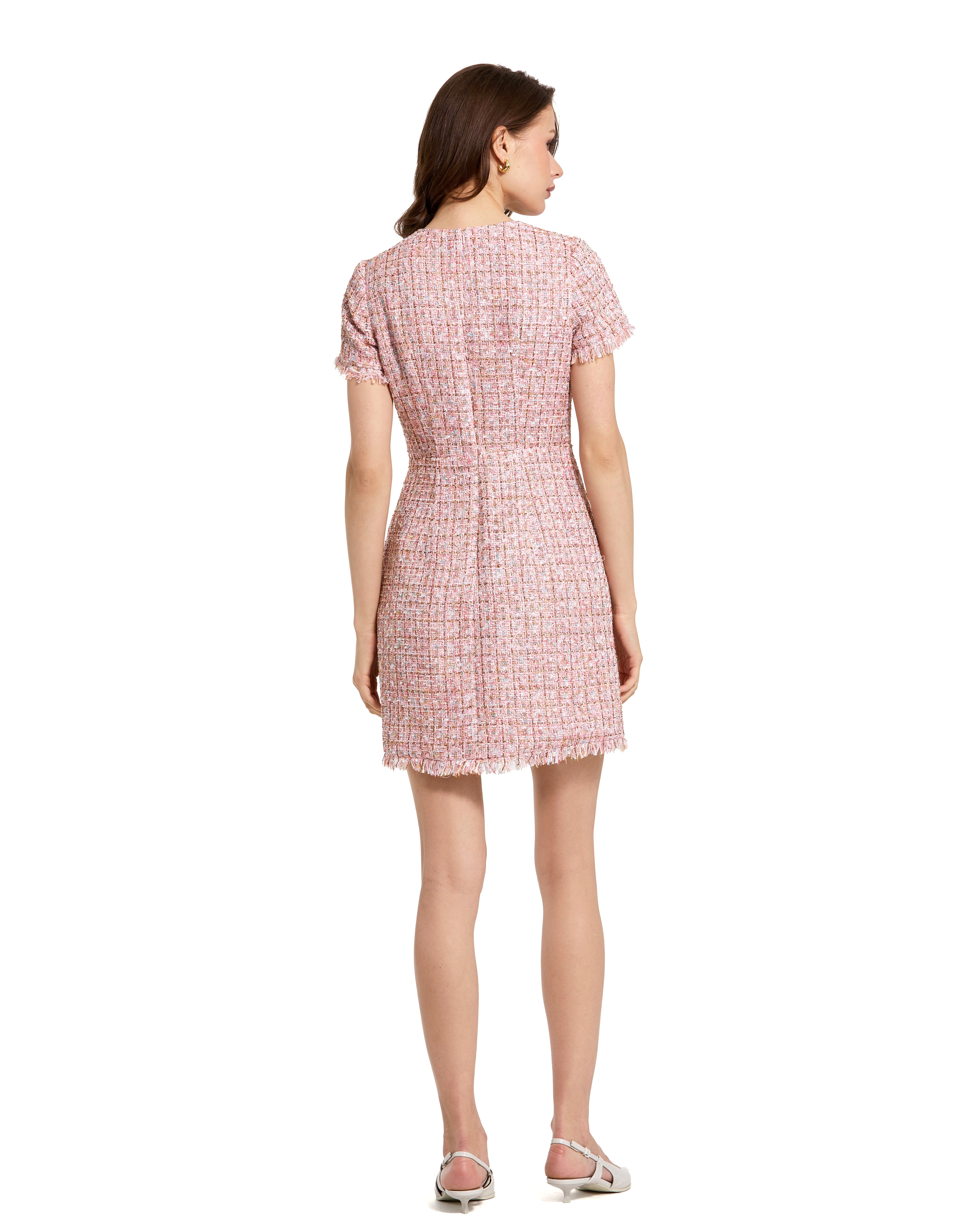 Pink Boucle Short Sleeve Mini Dress With Pockets