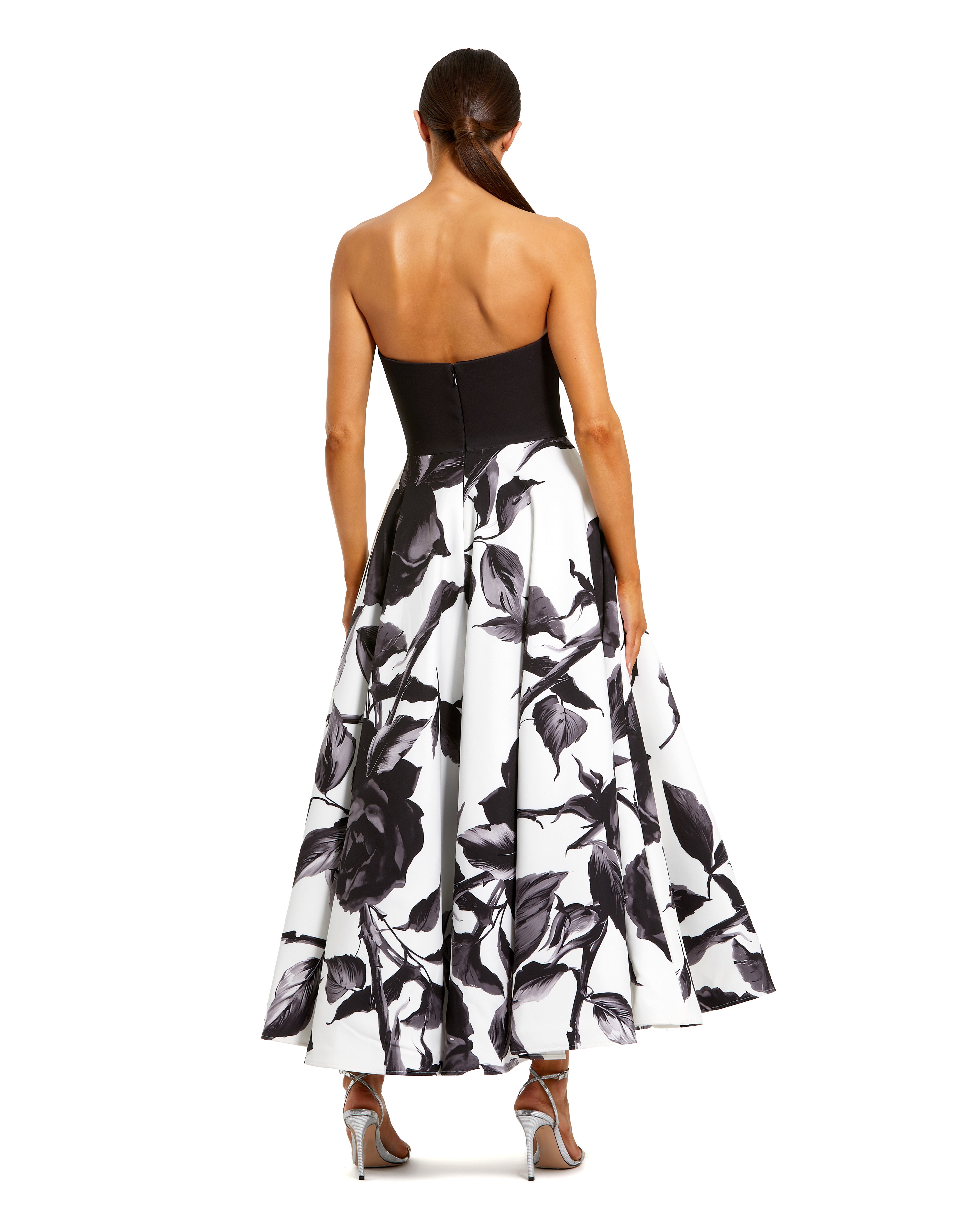 Black And White Floral Strapless Midi Dress