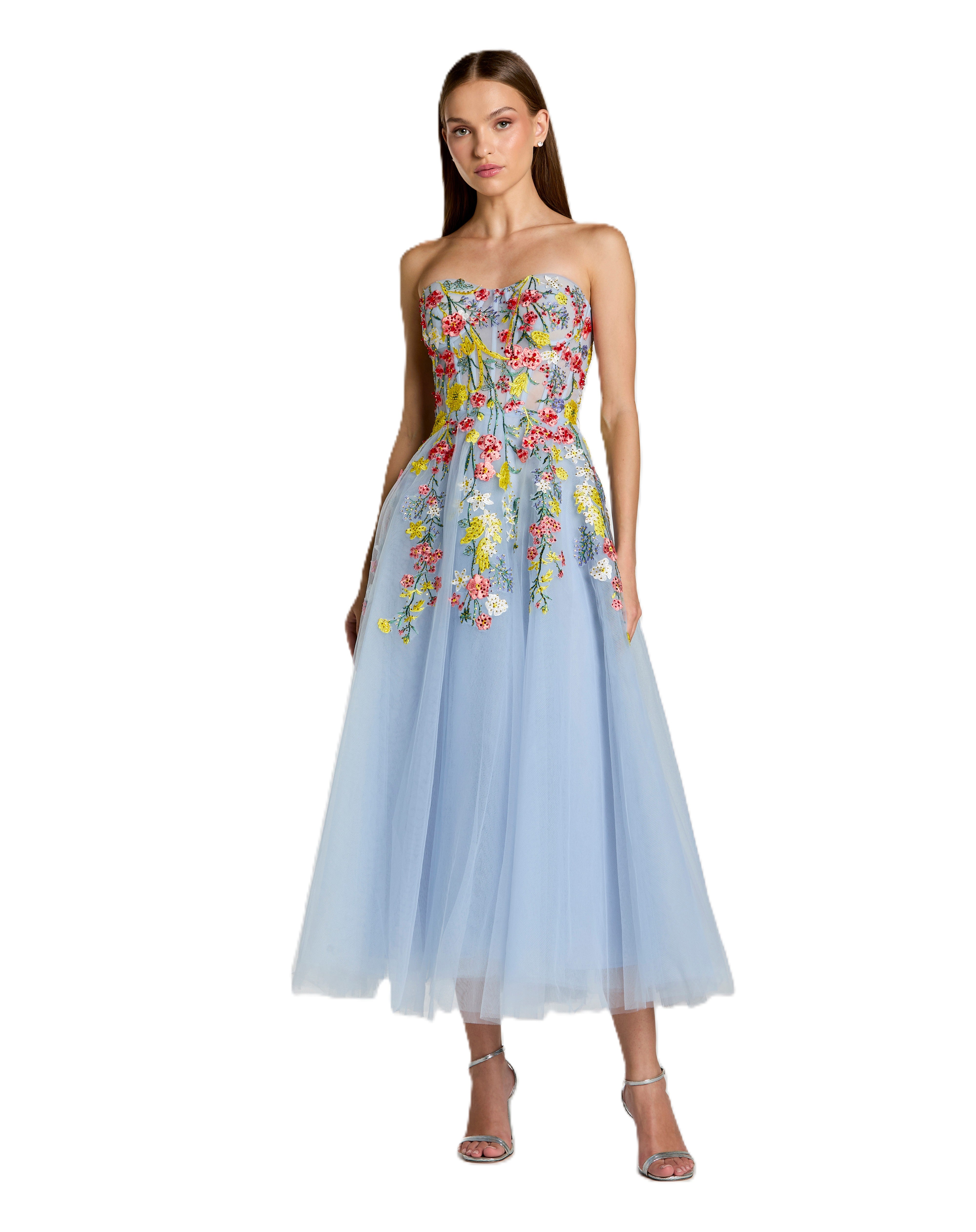 Blue Floral Embroidered Midi Dress