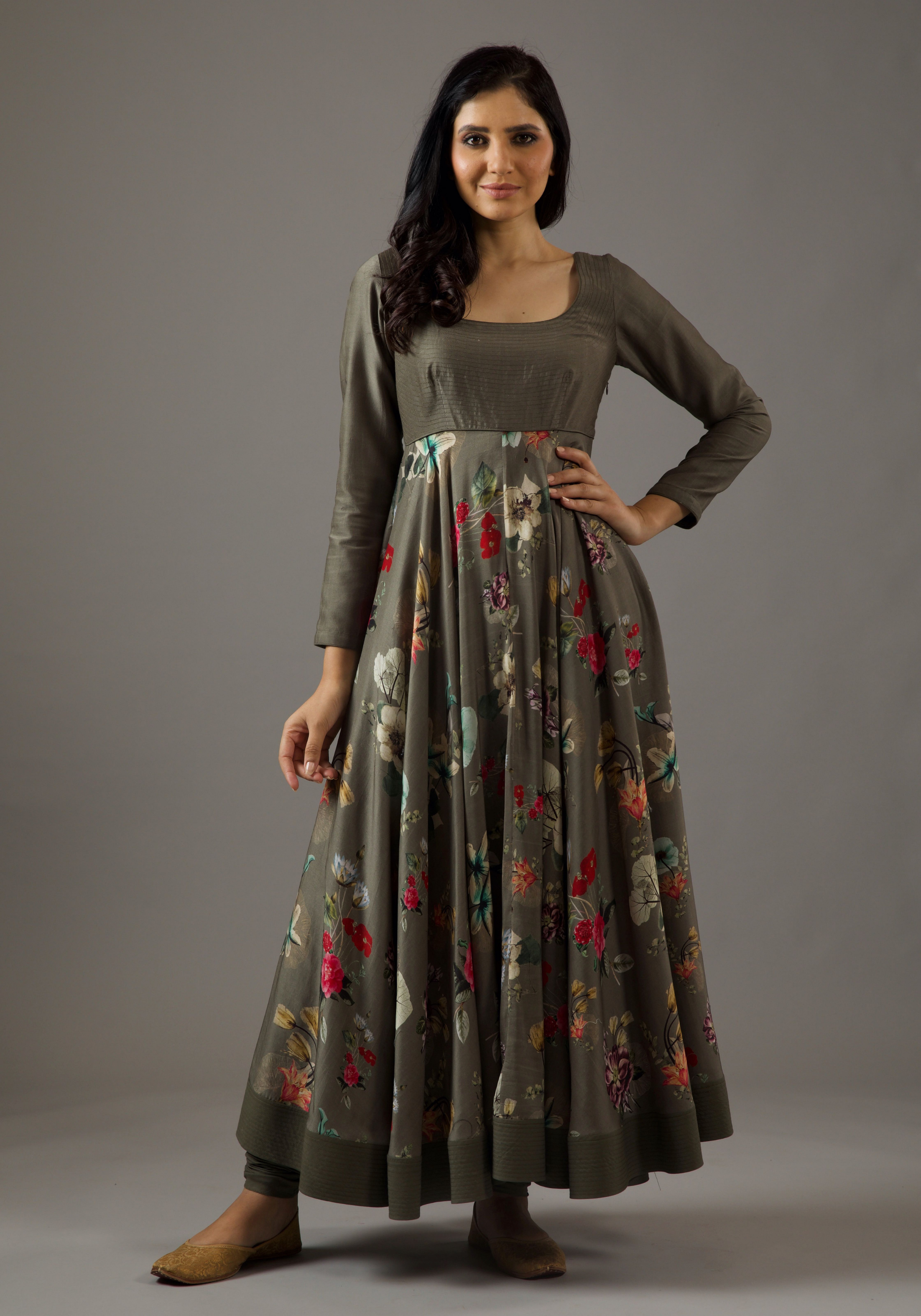 Chanderi Silk Pewter Printed Anarkali Set