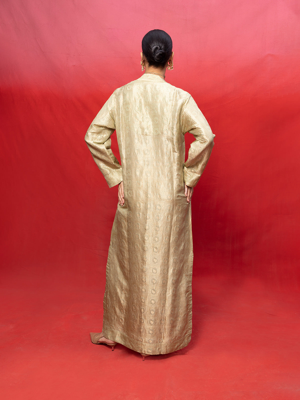 Handwoven Pistachio Green Silk Embossed Kaftan