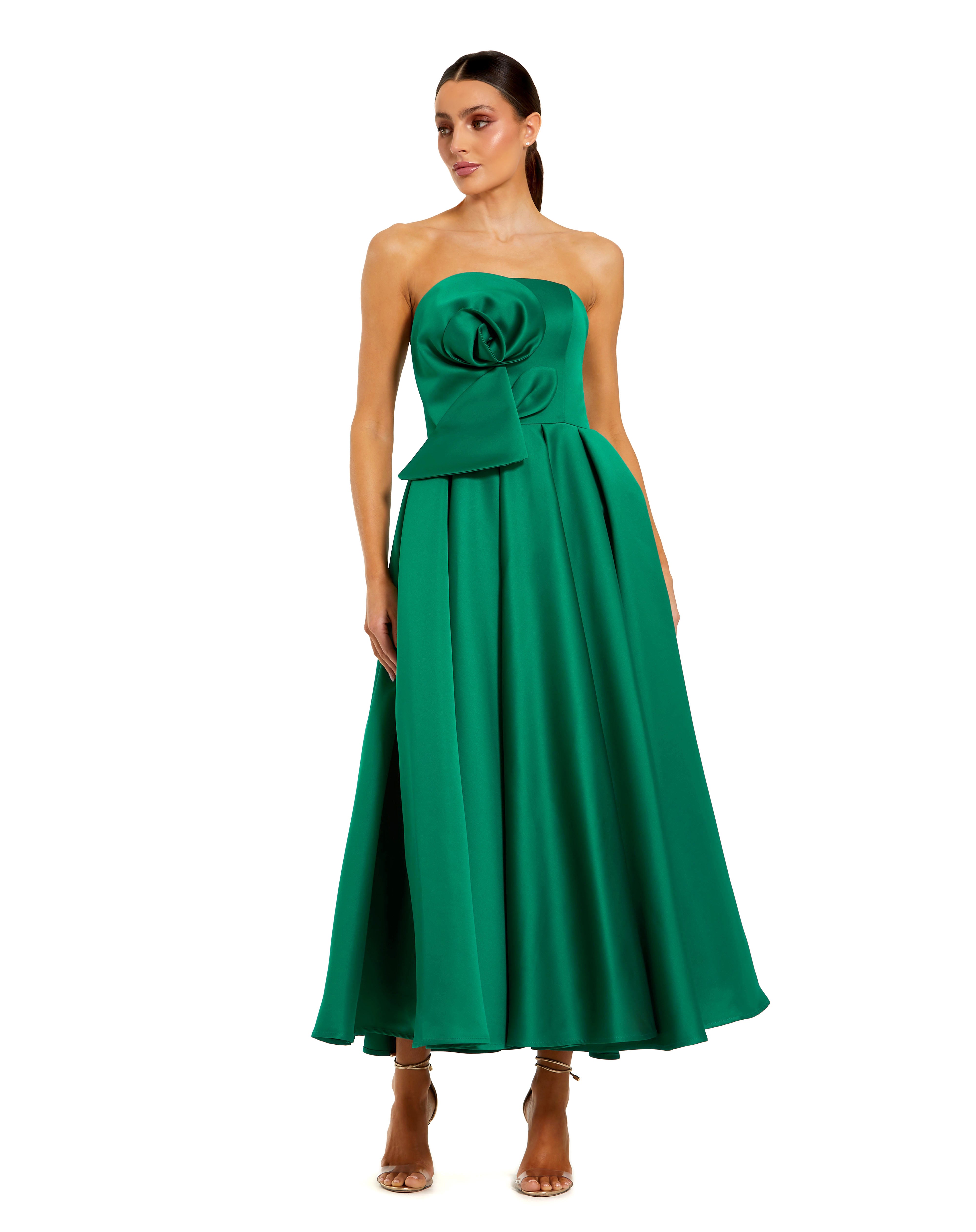 Green Strapless Satin A Line Midi Dress