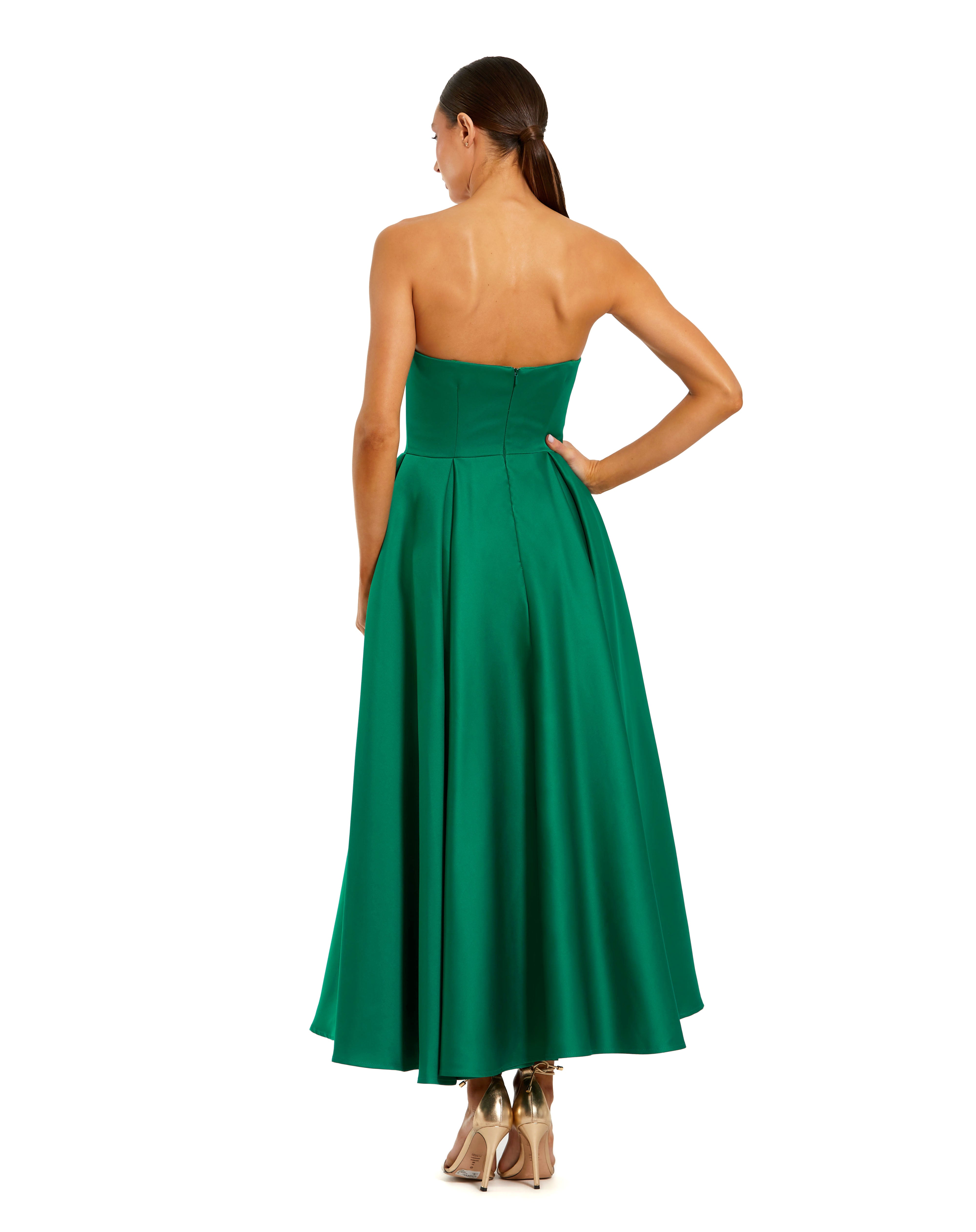 Green Strapless Satin A Line Midi Dress