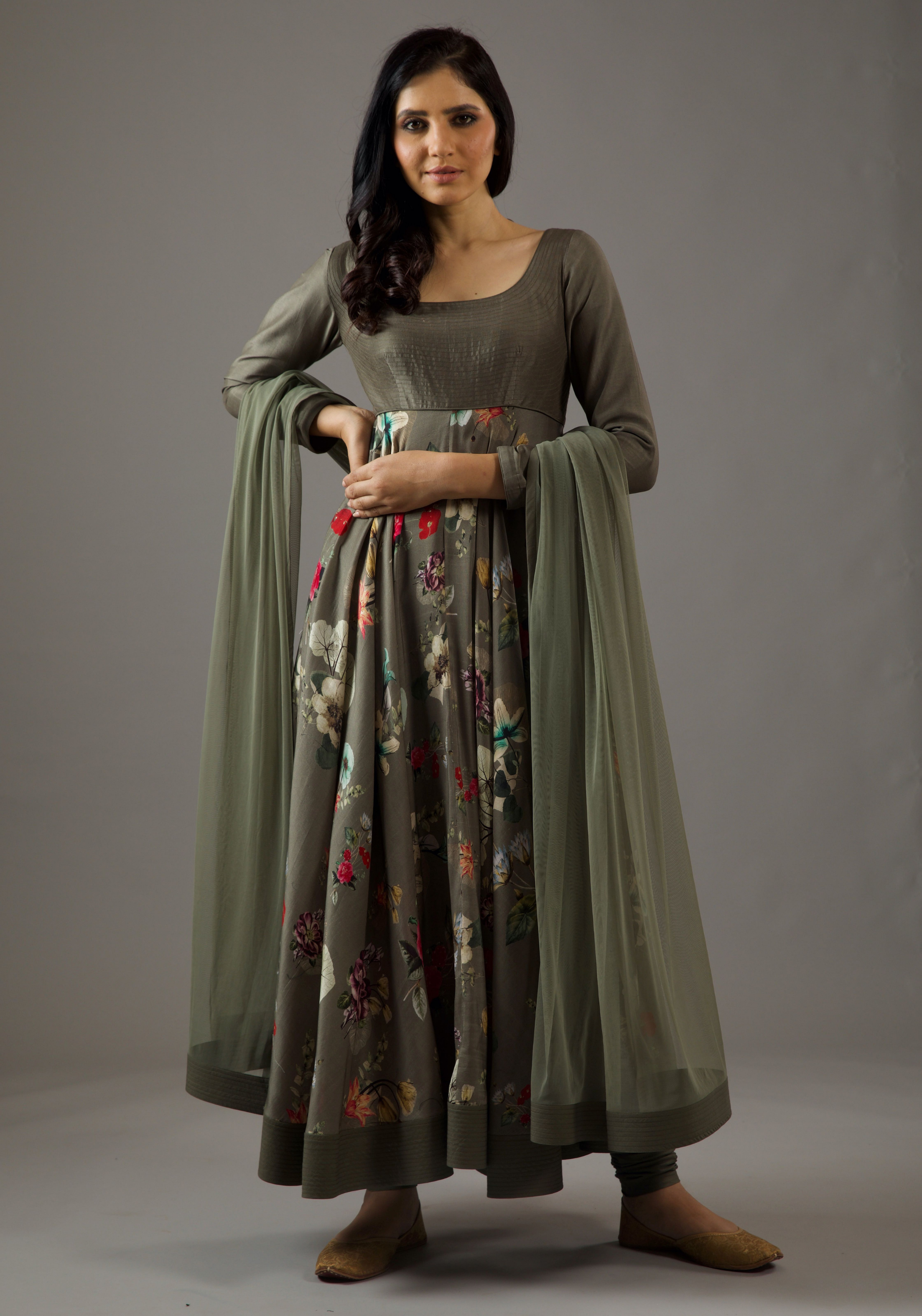 Chanderi Silk Pewter Printed Anarkali Set