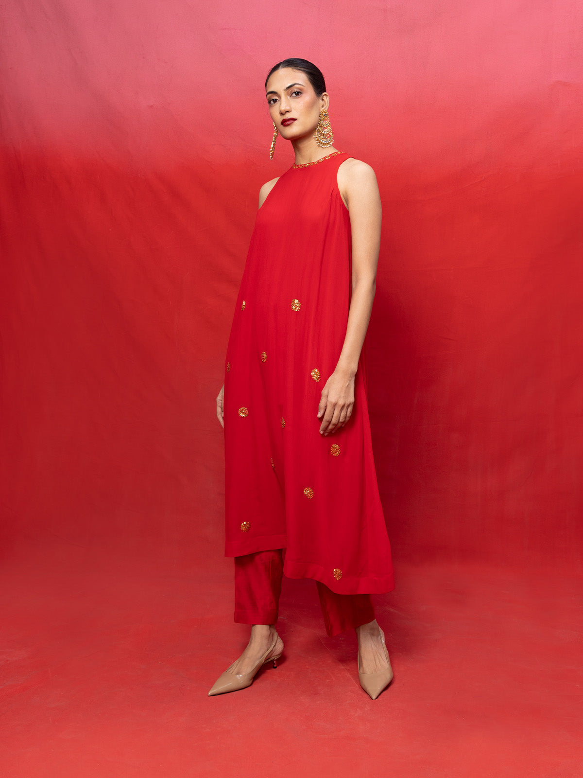 Handwoven Red Georgette Embroidered Suit Set