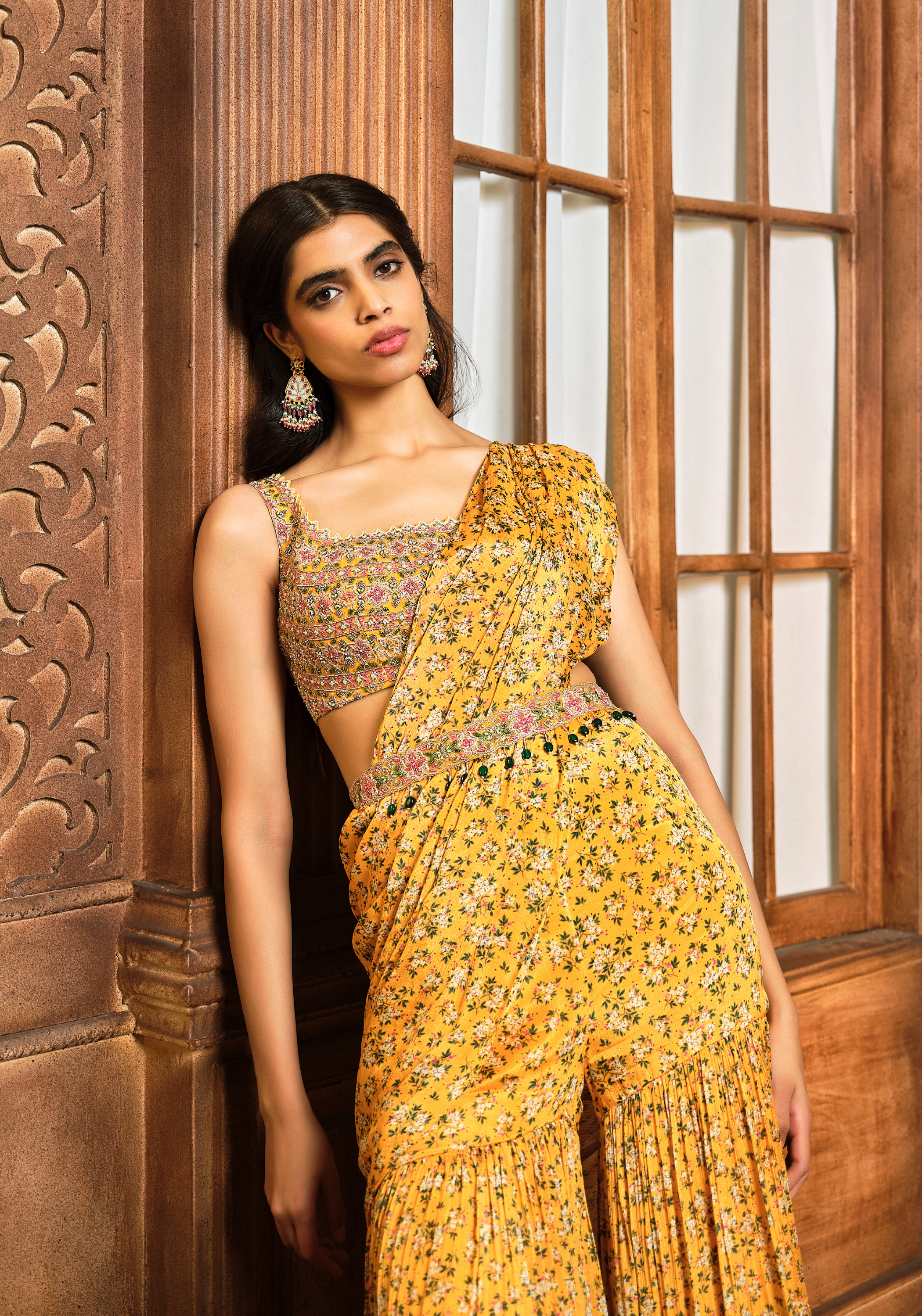 Yellow Floral Printed Draped Sharara Saree