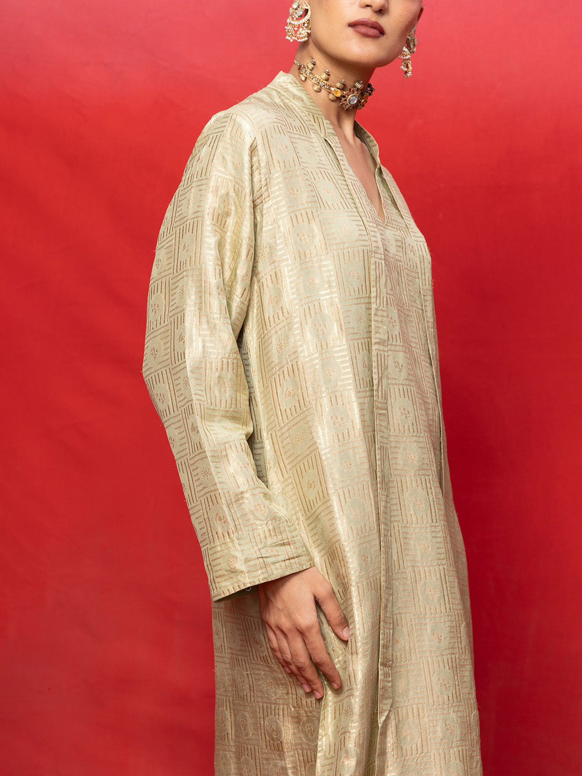 Handwoven Pistachio Green Silk Embossed Kaftan