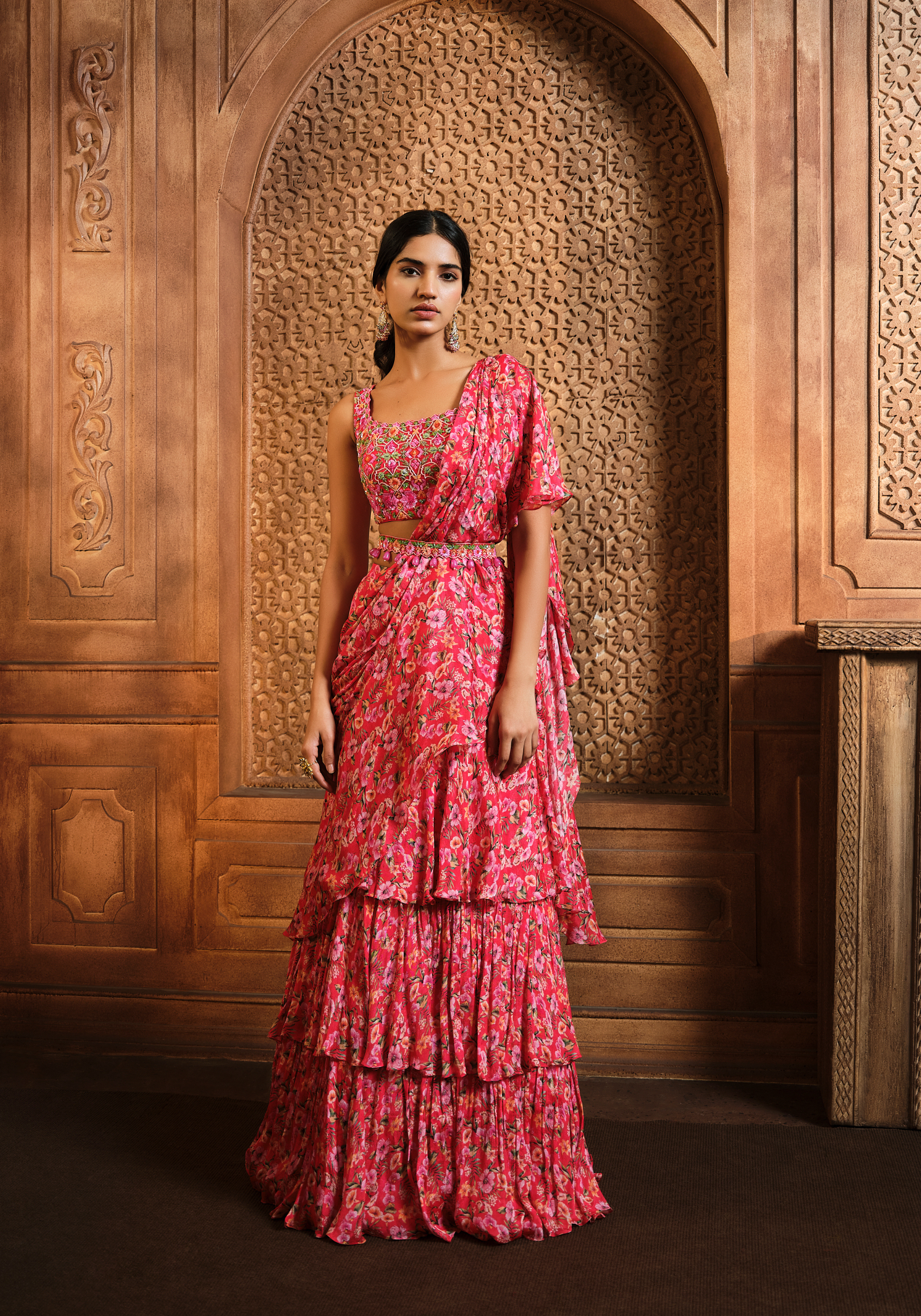 Red Floral Printed 3 Layer Frill Saree