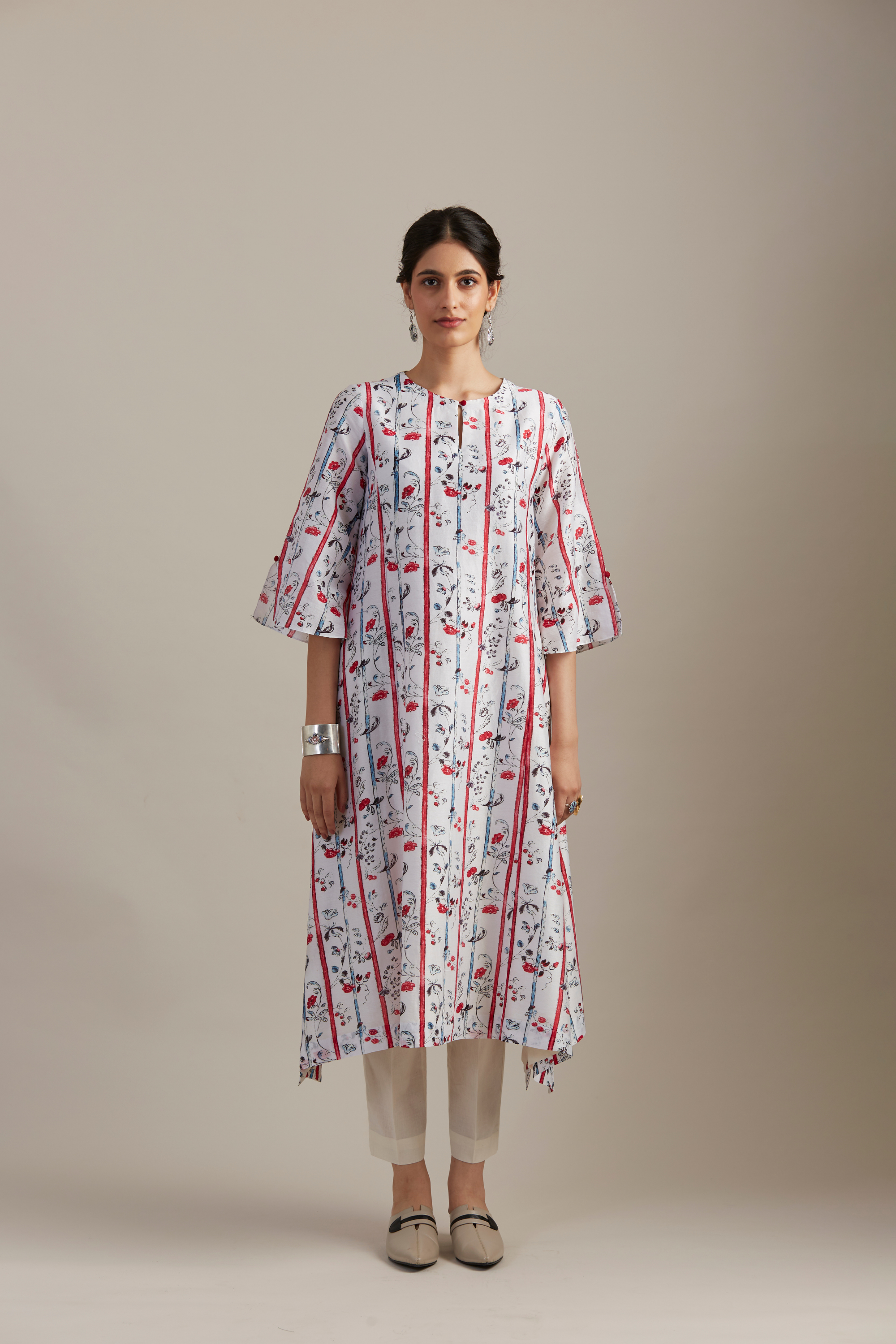 Pearl Floral Stripe Printed Silk Chanderi Kurta