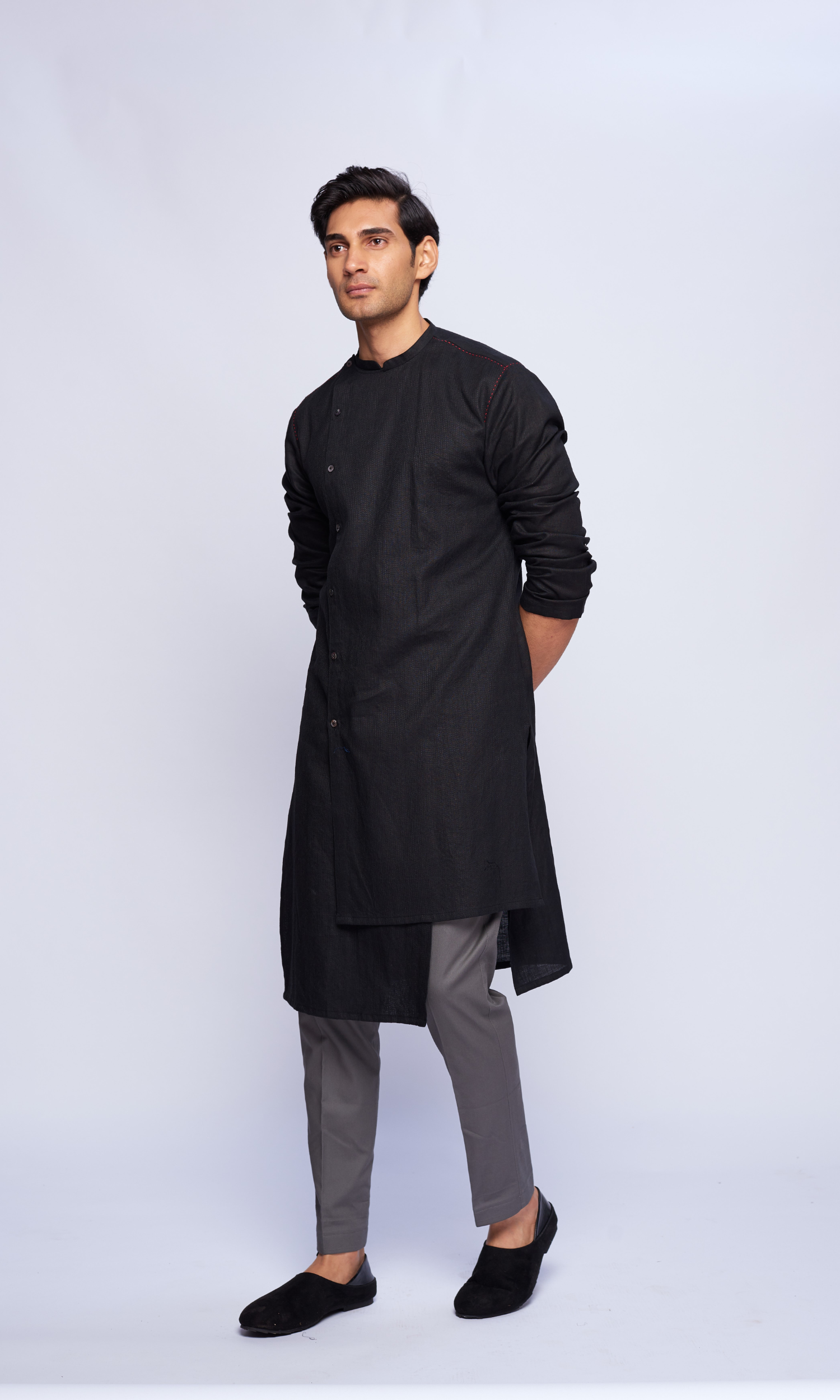 Black self threading asymmetric kurta with red thread detail