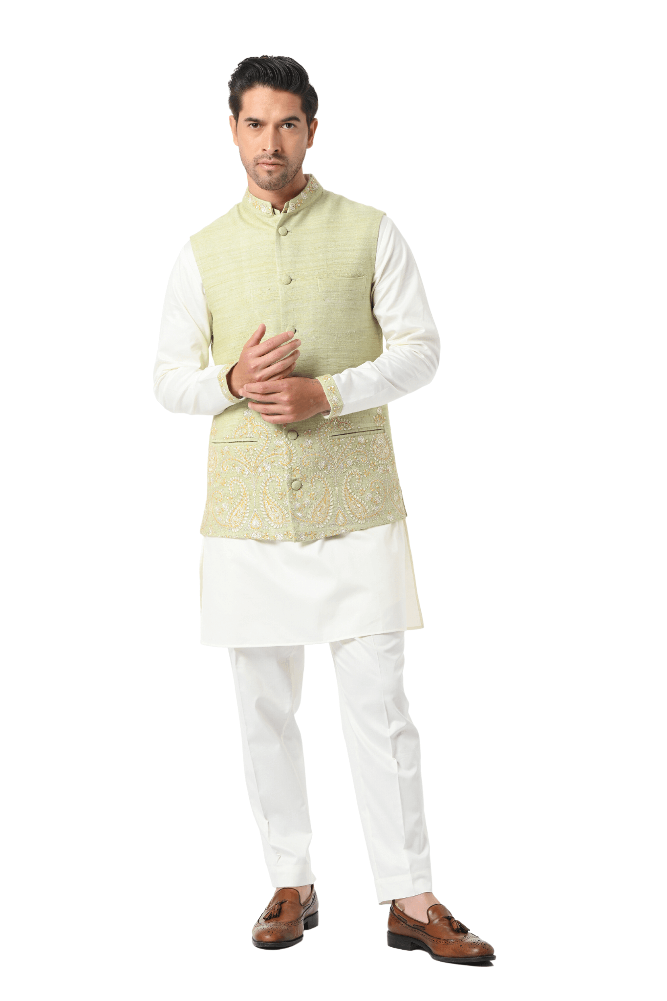 Emrboidered Border Paisley Silk Nehru Jacket