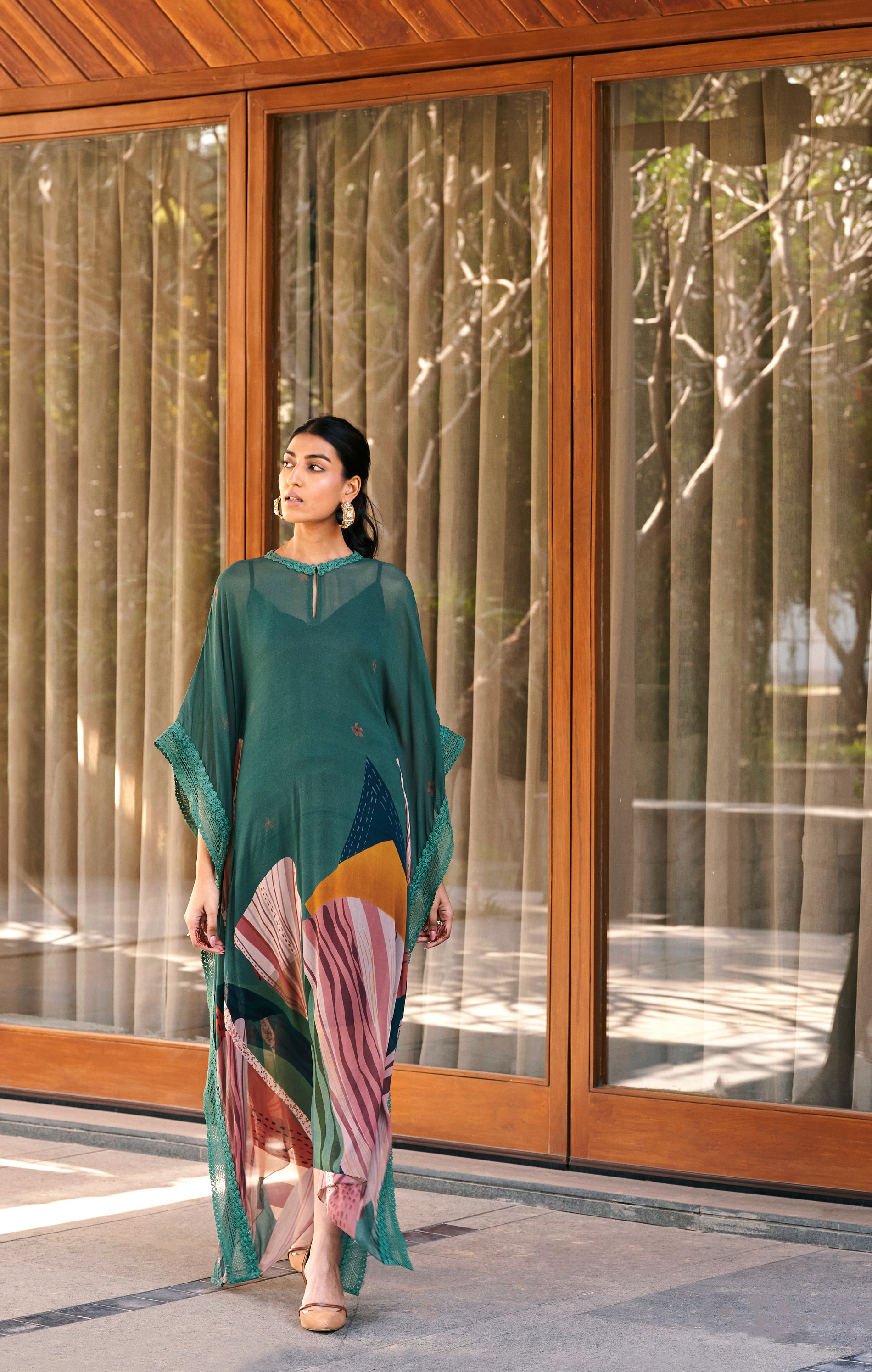 Sage Green Abstract Print Long Kaftan