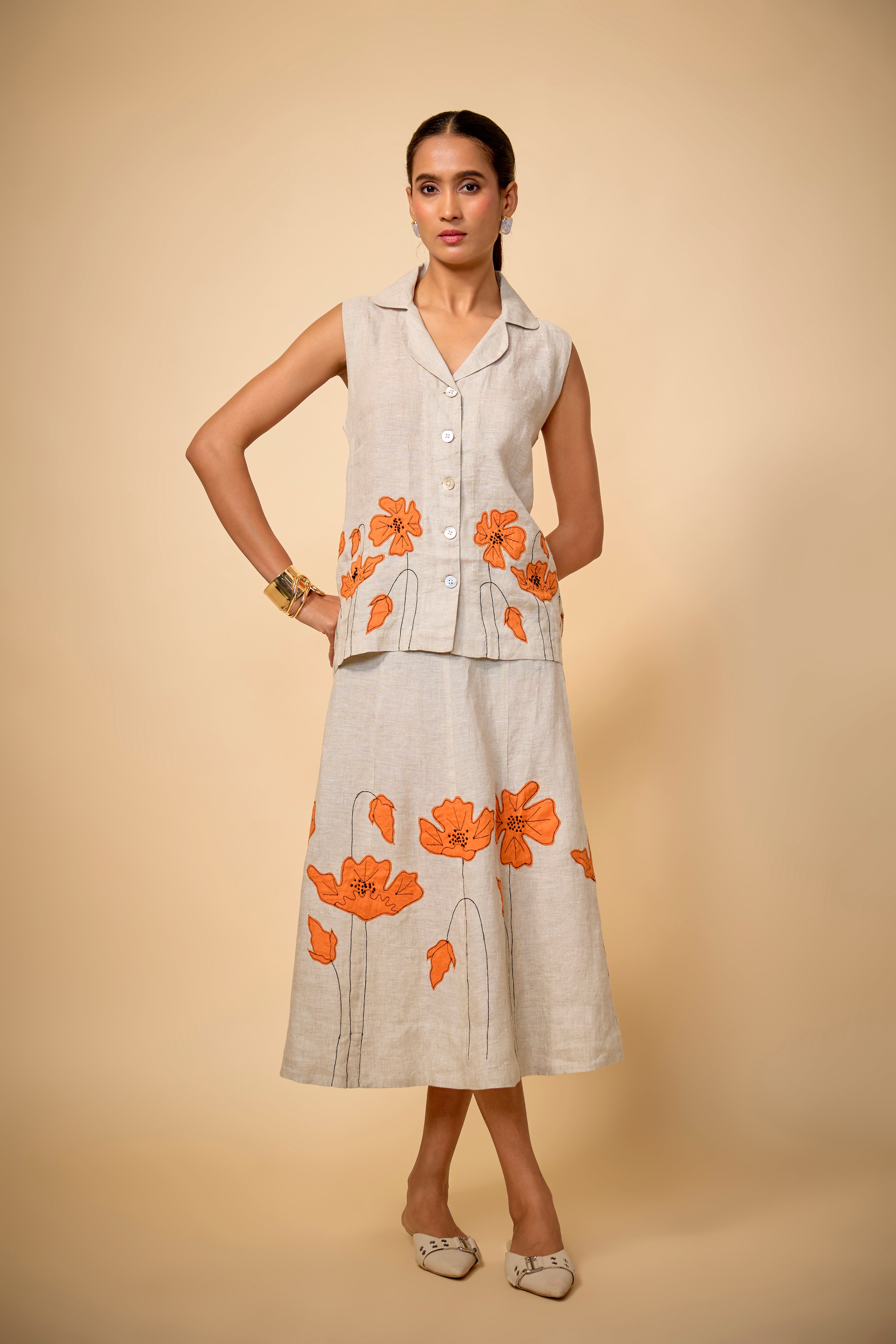 Pure Linen Beige Floral Skirt+top Set
