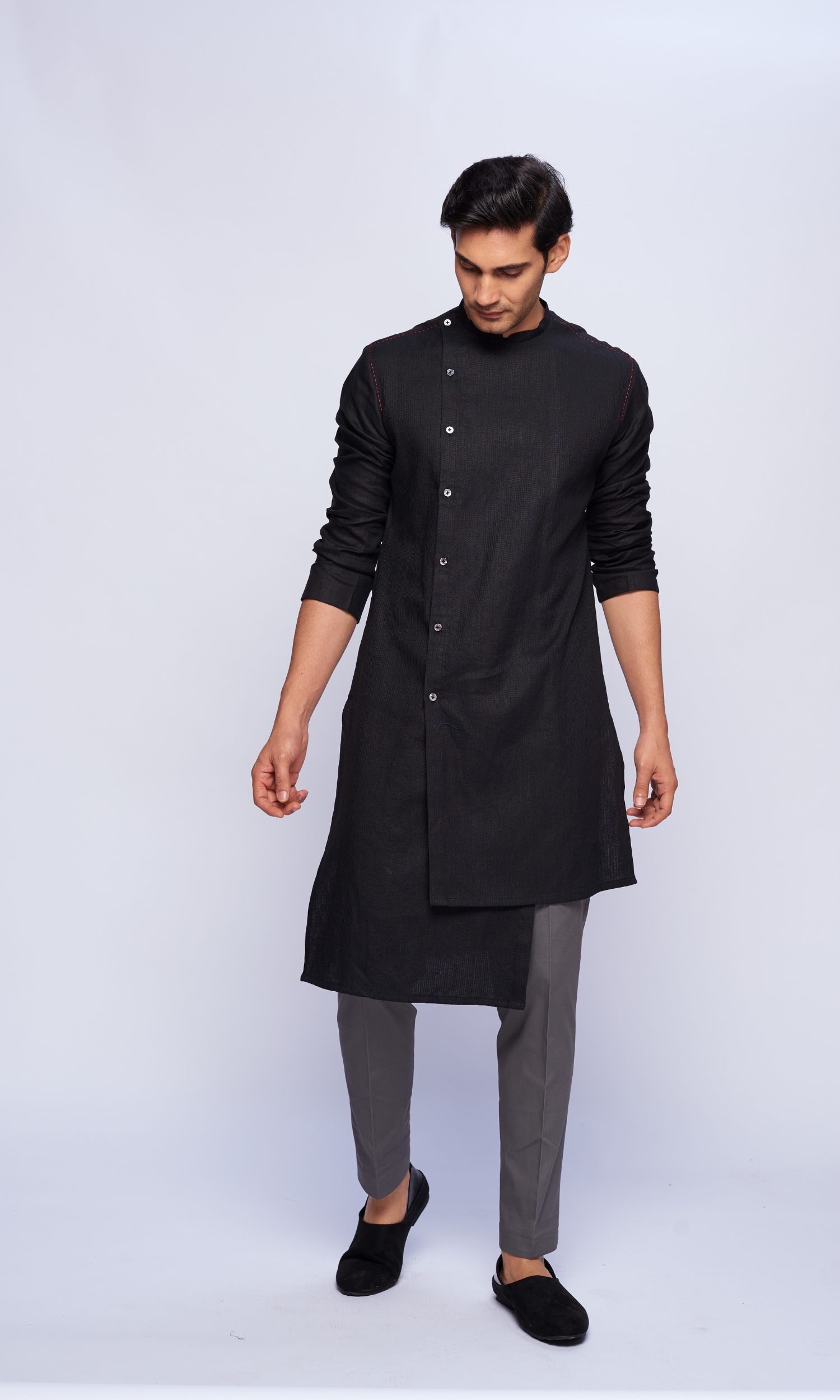 Black self threading asymmetric kurta with red thread detail