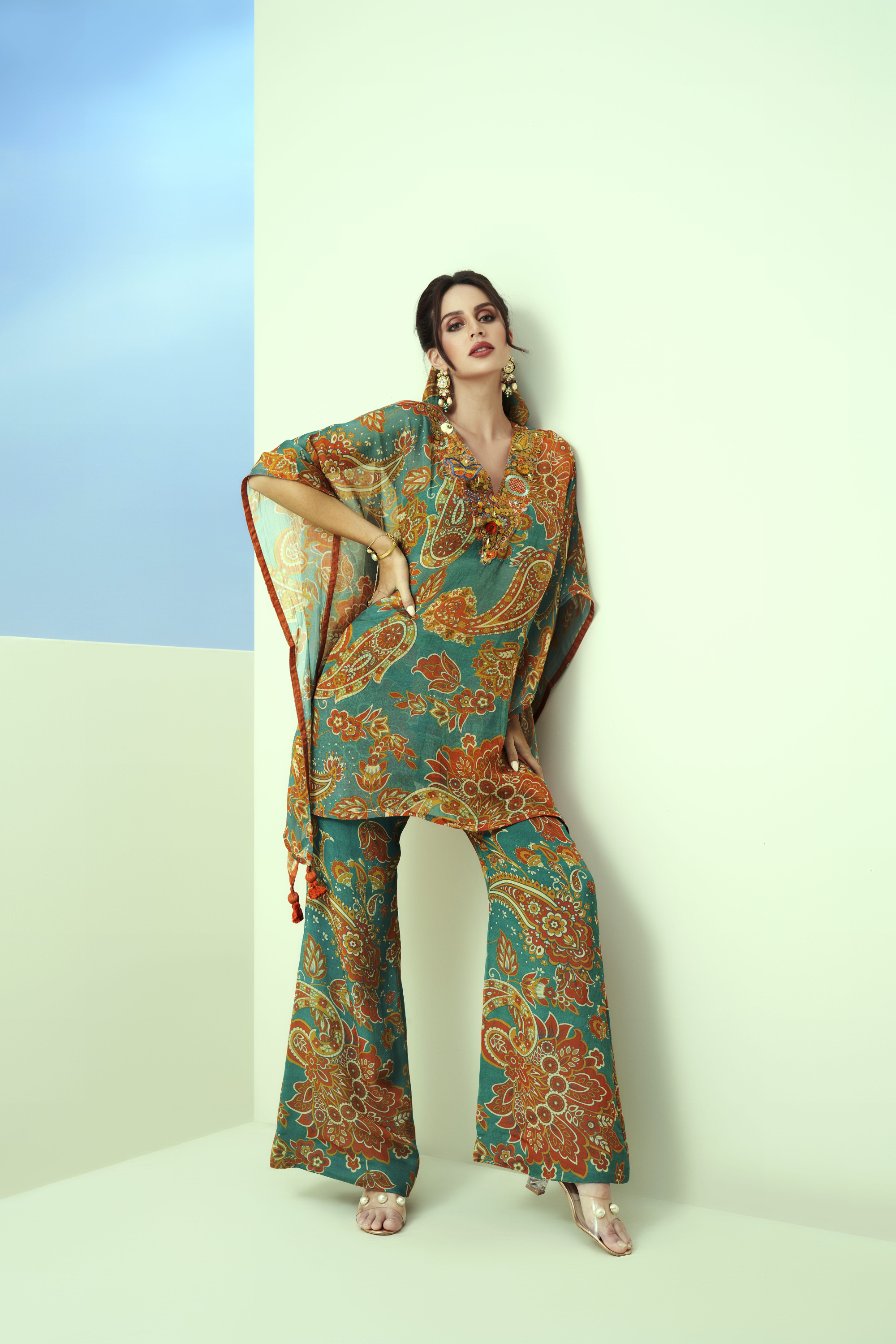 Blue Printed Organza V-neck Emb. Kaftan Set