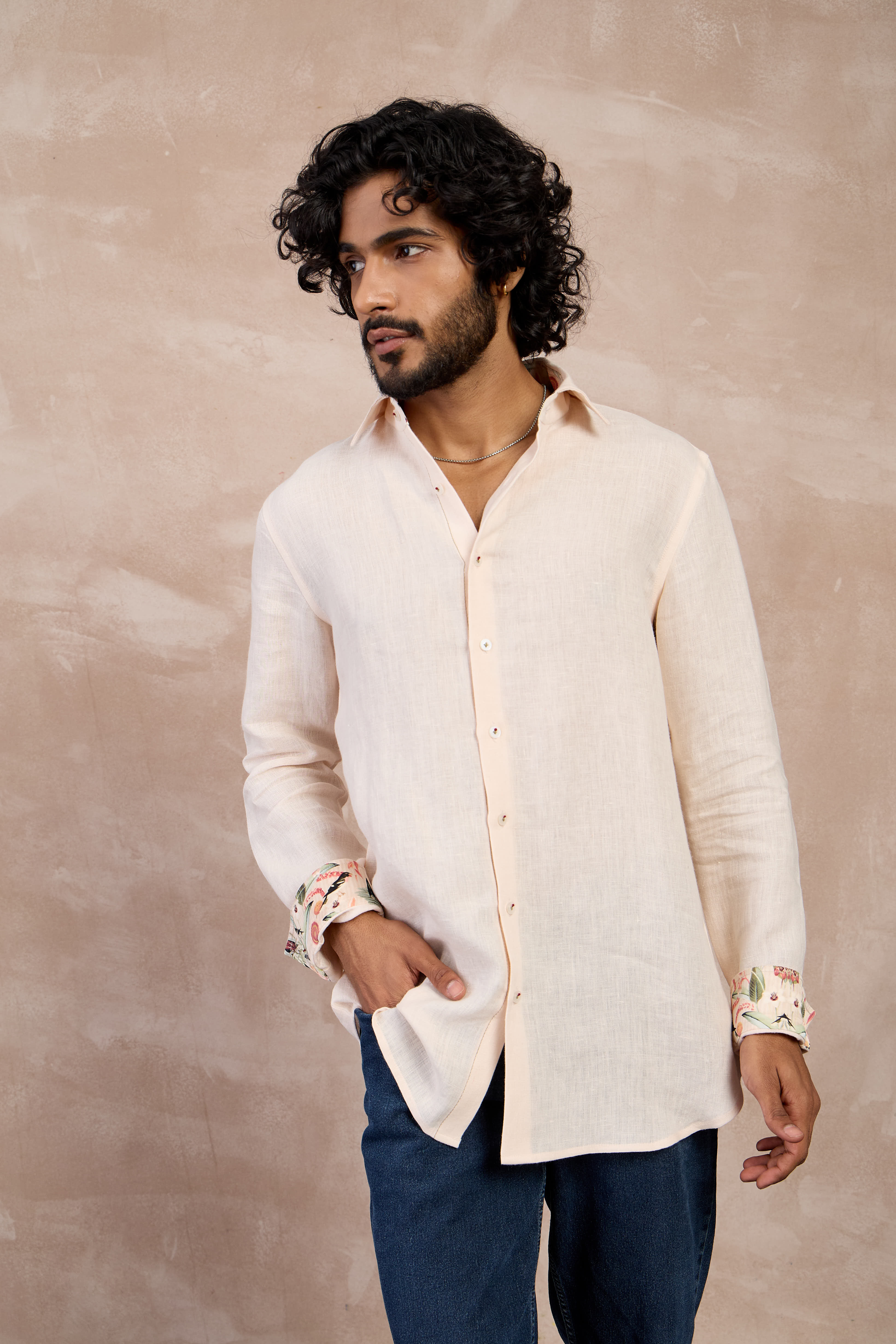 Botenical Peach Flower Emb Linen Shirt