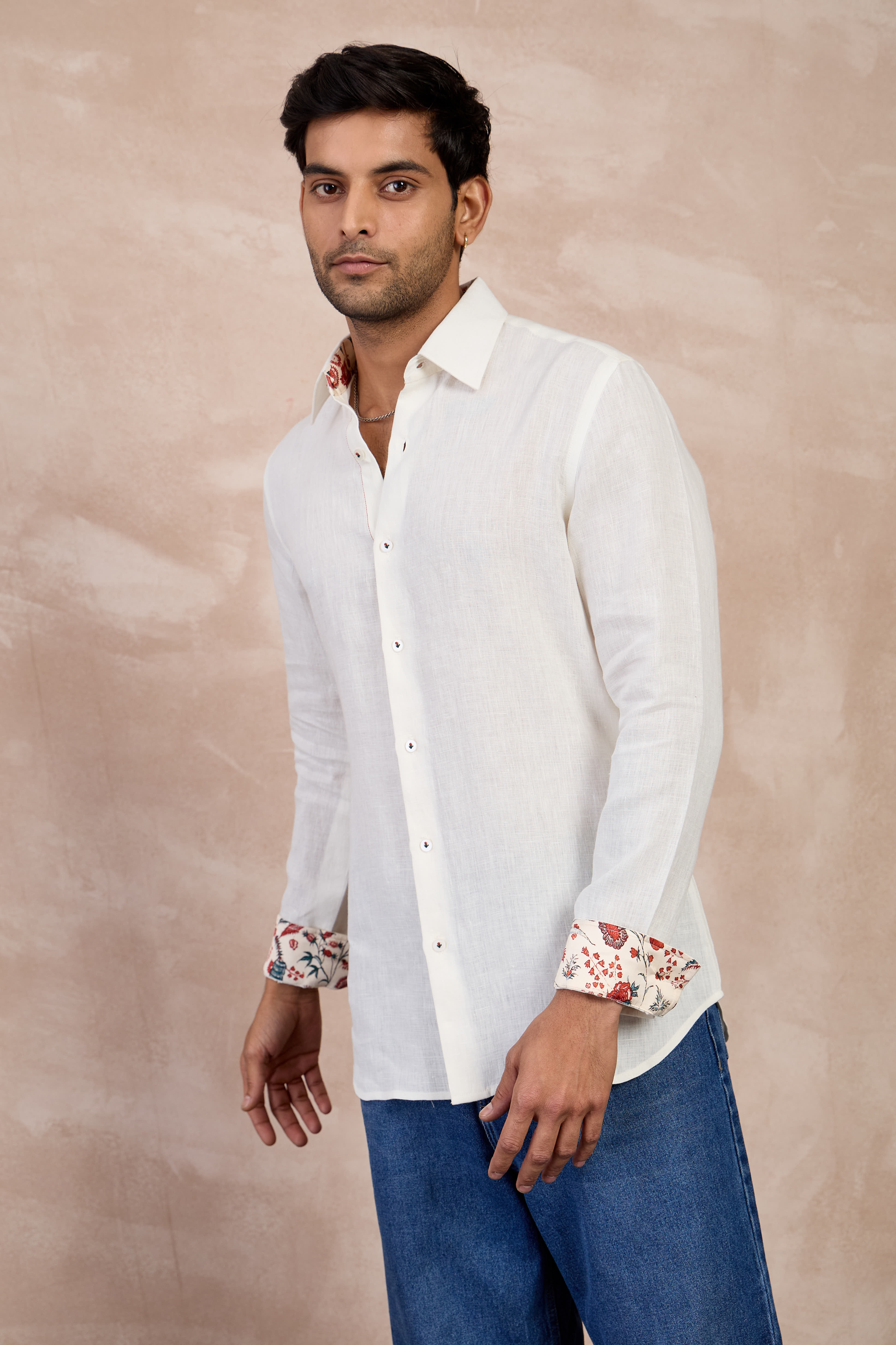Grey Pineapple Flower Emb Linen Shirt