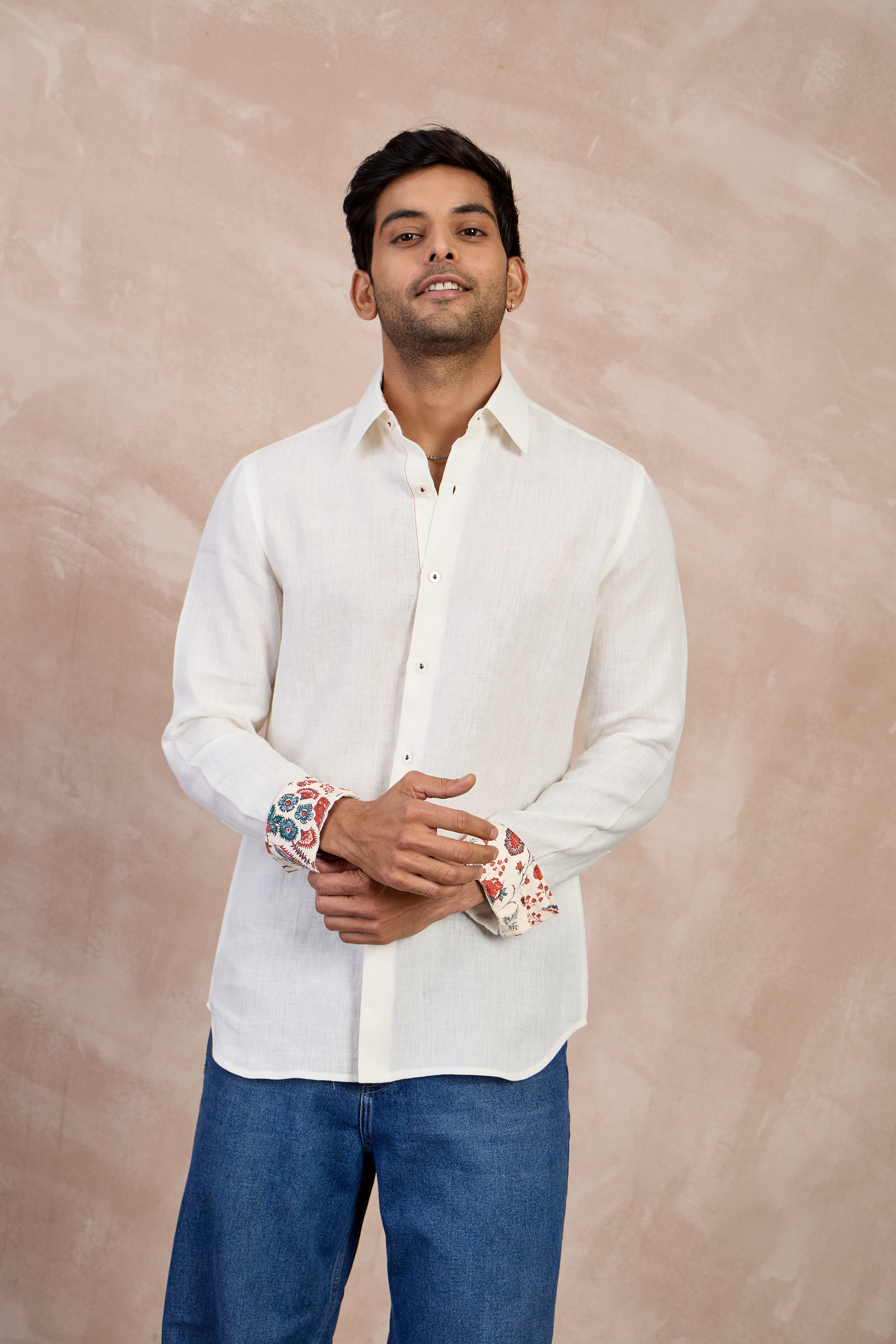 Grey Pineapple Flower Emb Linen Shirt