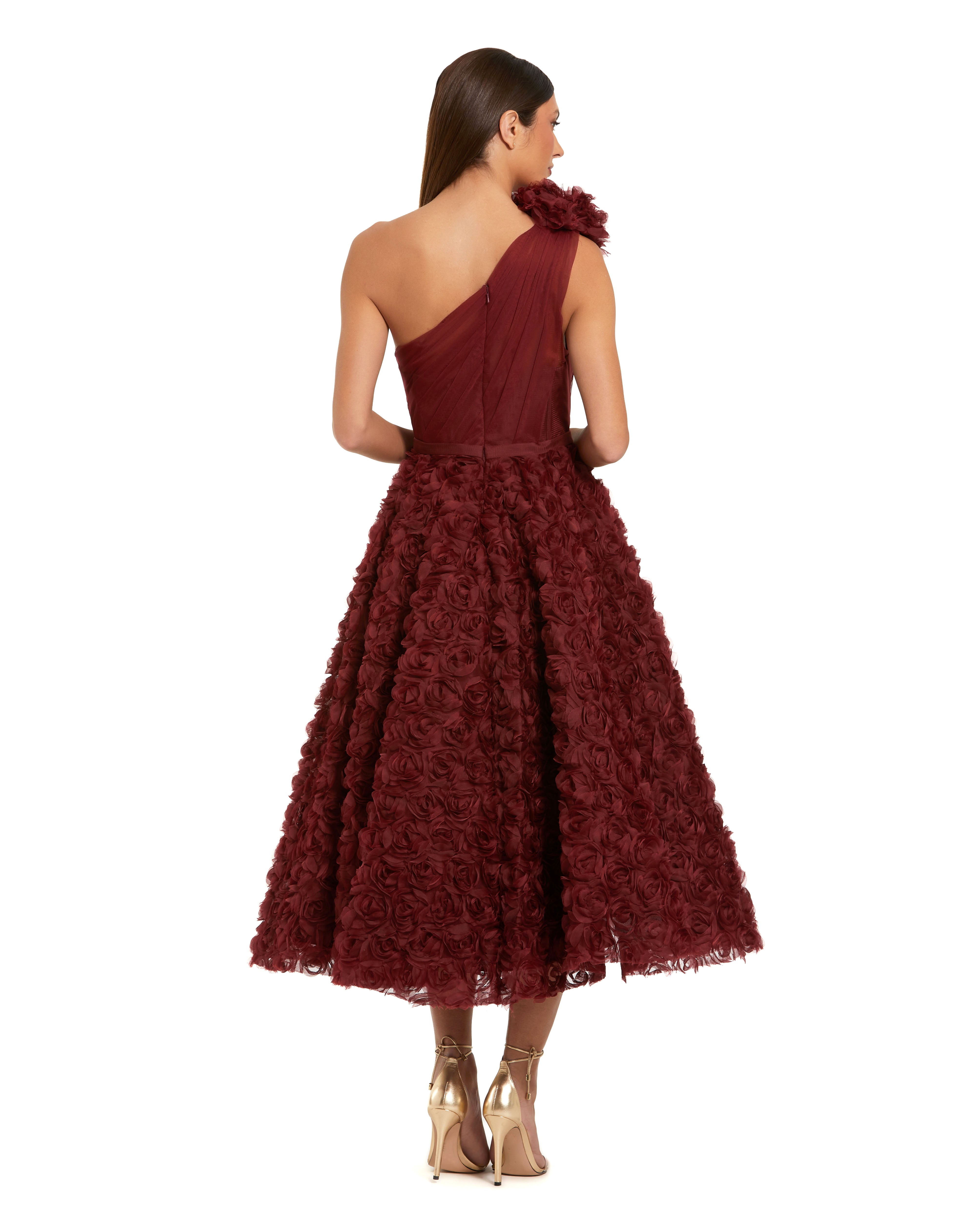 Red One Shoulder Rosette A Line Midi Dress