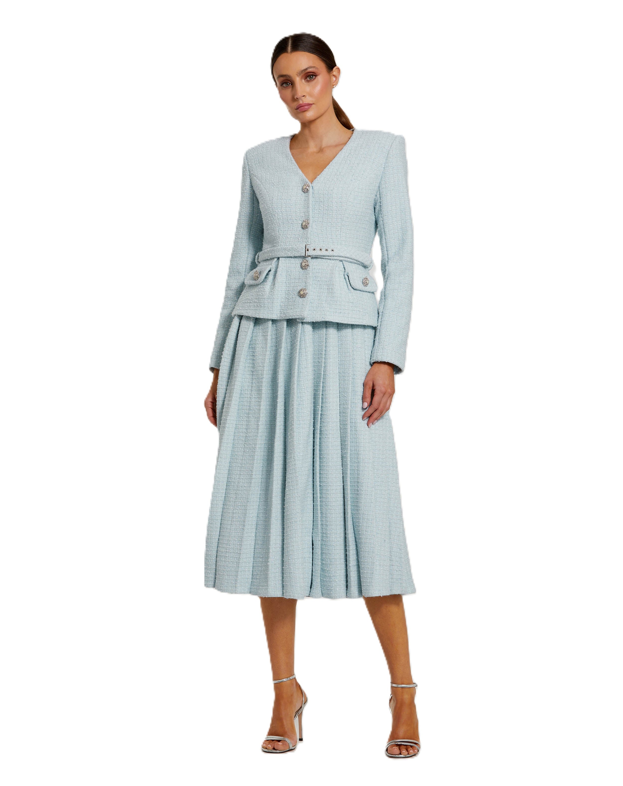 Blue Boucle Long Sleeve V Neck Midi Dress With Buttons