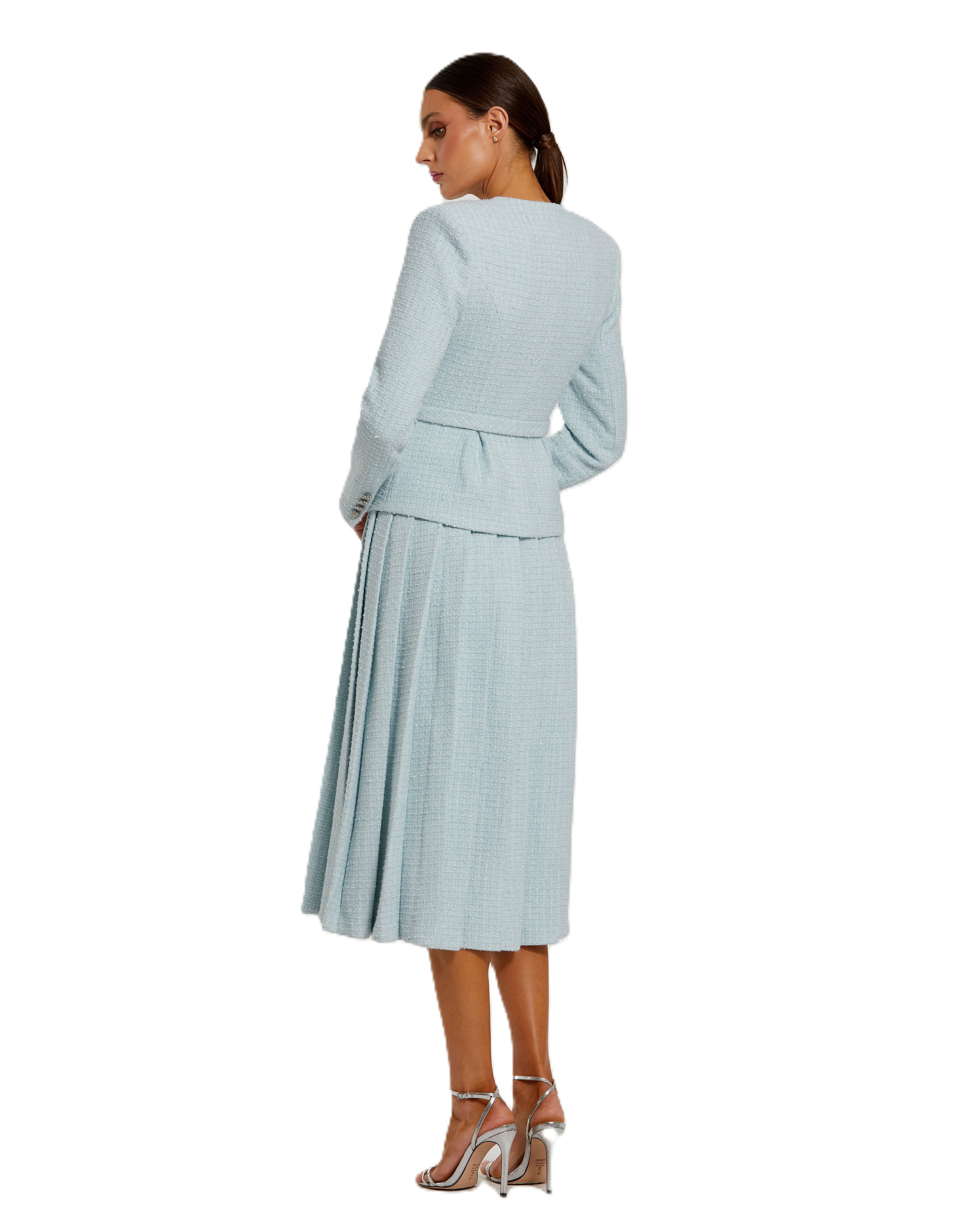Blue Boucle Long Sleeve V Neck Midi Dress With Buttons