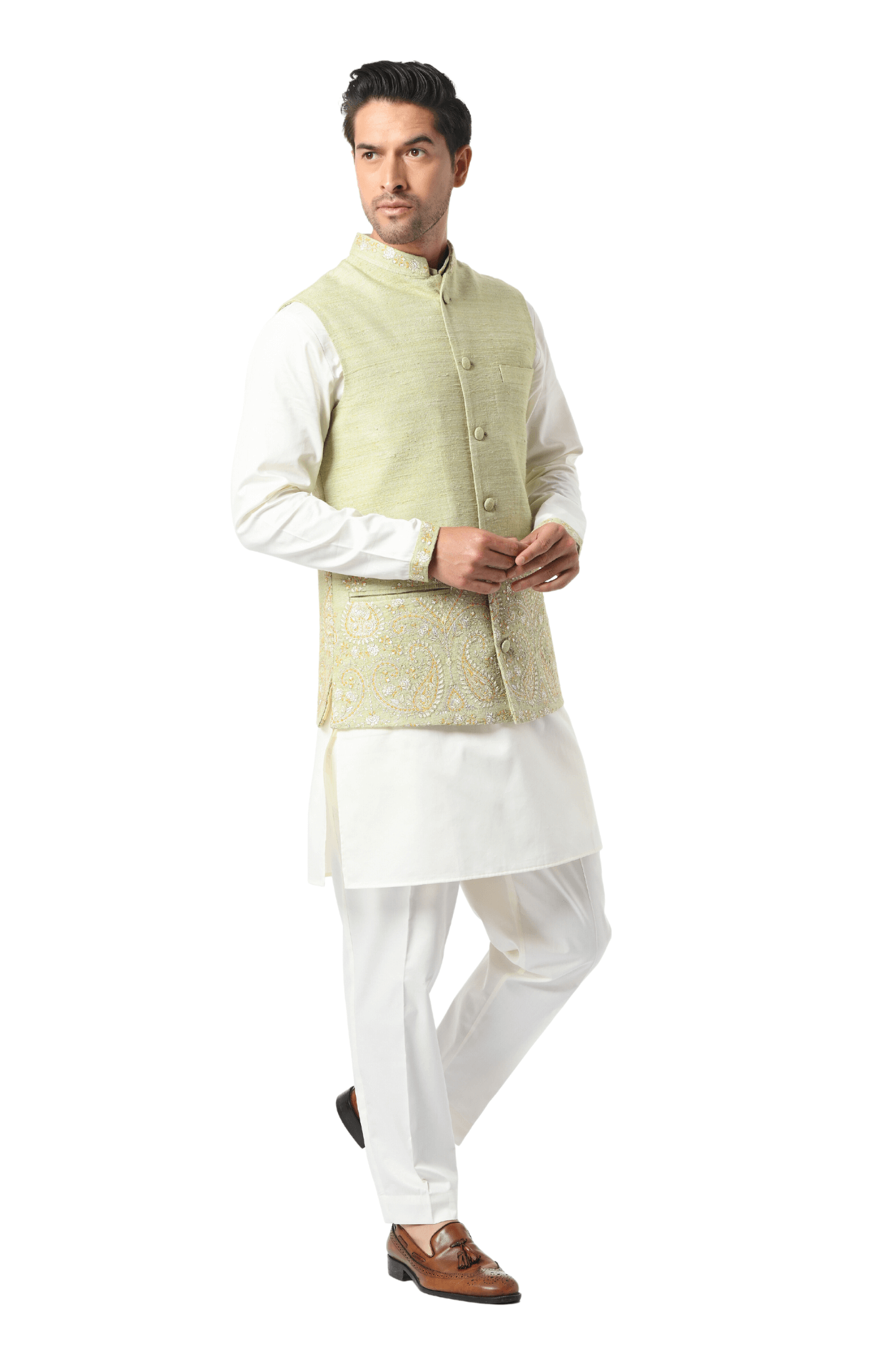 Emrboidered Border Paisley Silk Nehru Jacket