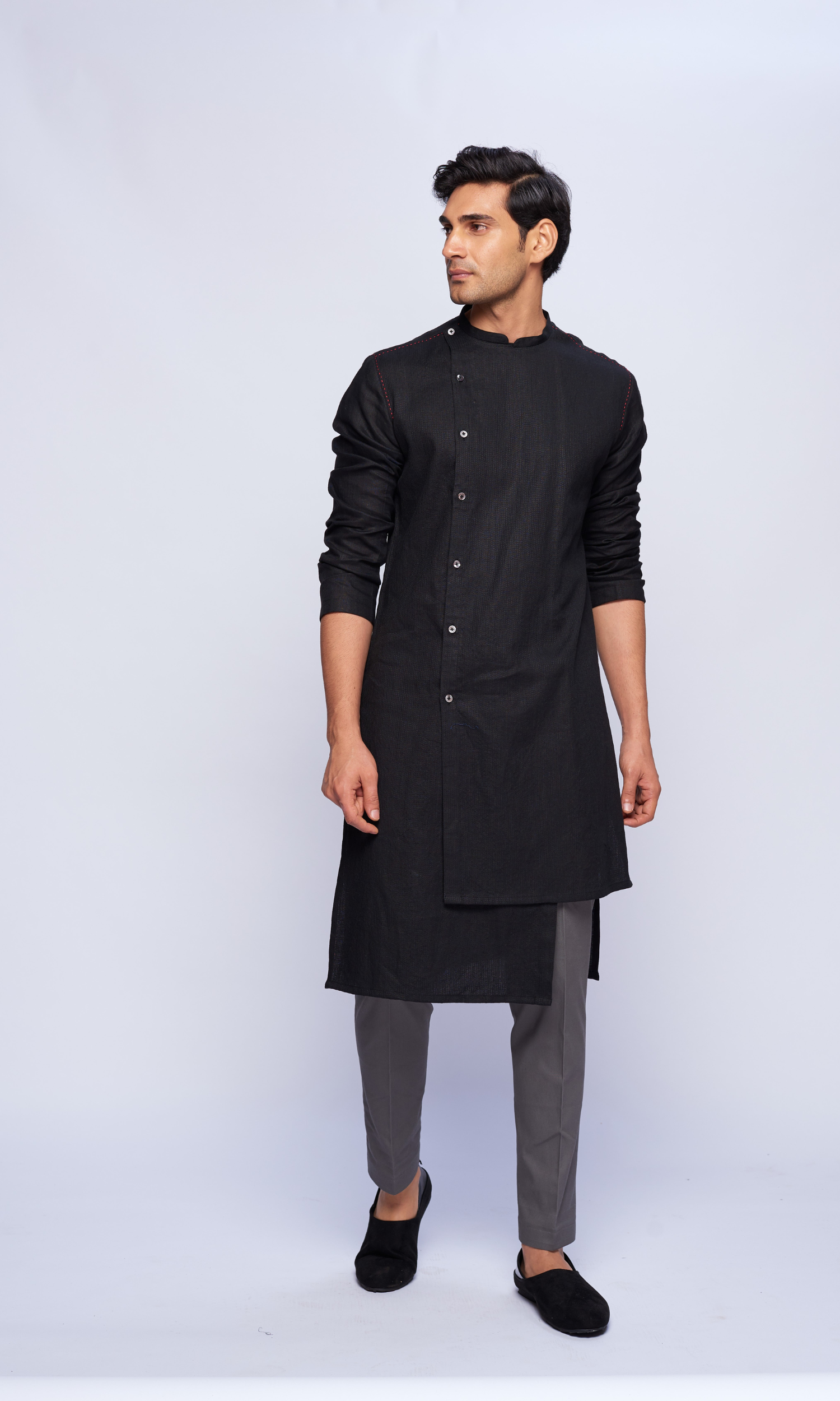 Black self threading asymmetric kurta with red thread detail