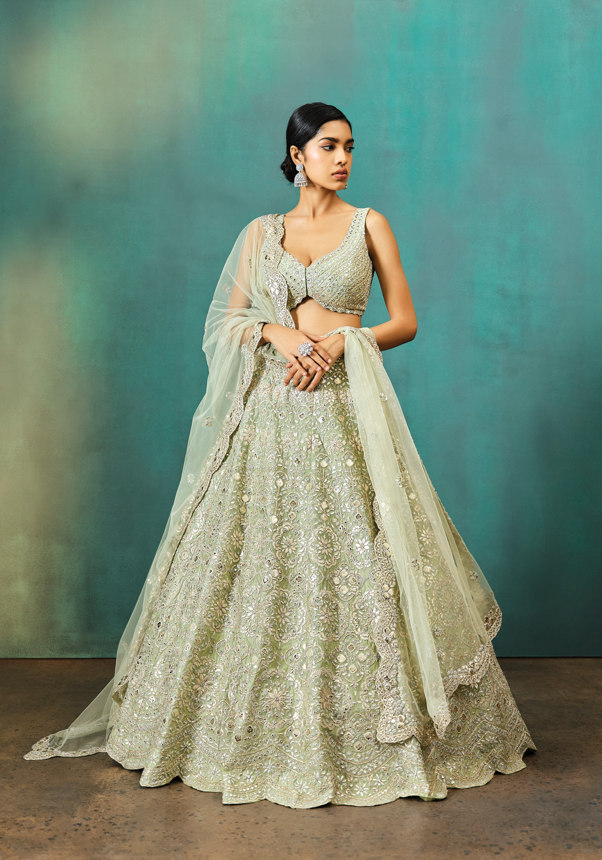 Sage Green Net Foil Applique Lehenga