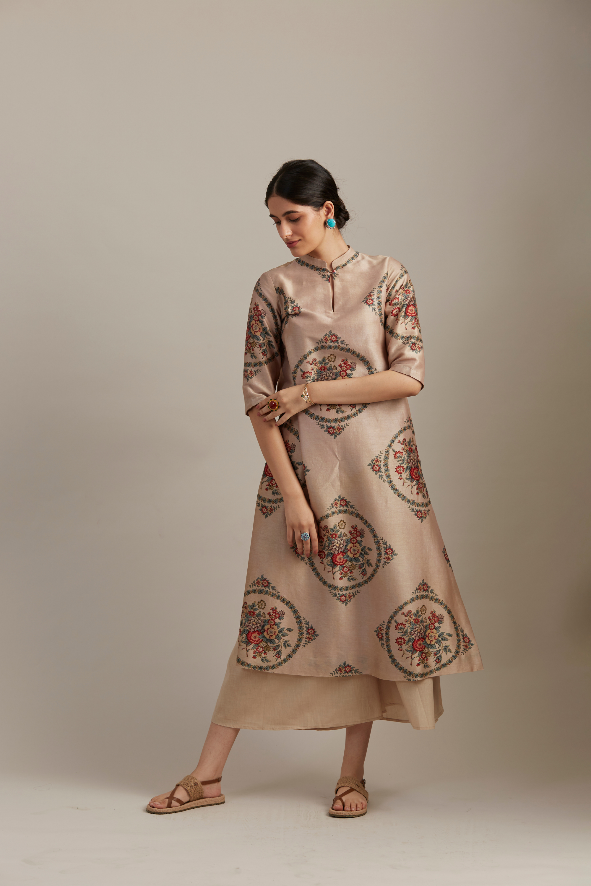 Beige Silk Chanderi Bloomcycle Printed Kurta