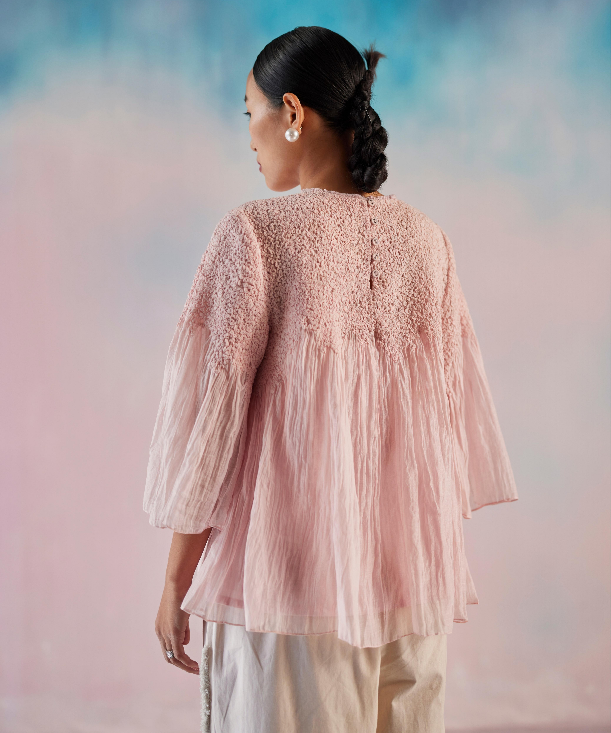 Cloud Pink Chanderi Smocking Top With Inner