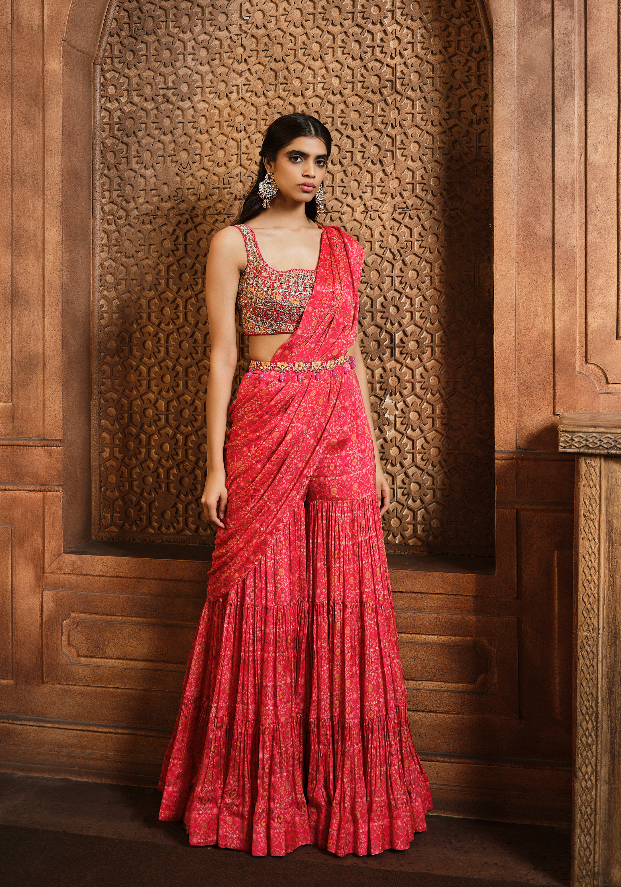 Vermillion Red Printed Draped Sharara Saree