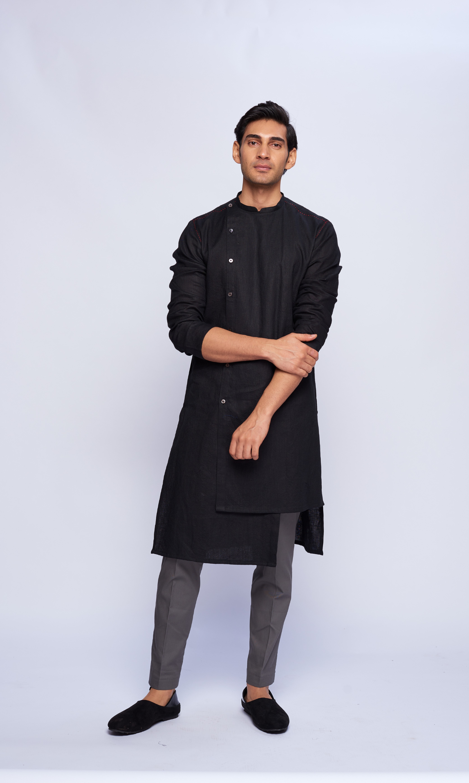 Black self threading asymmetric kurta with red thread detail