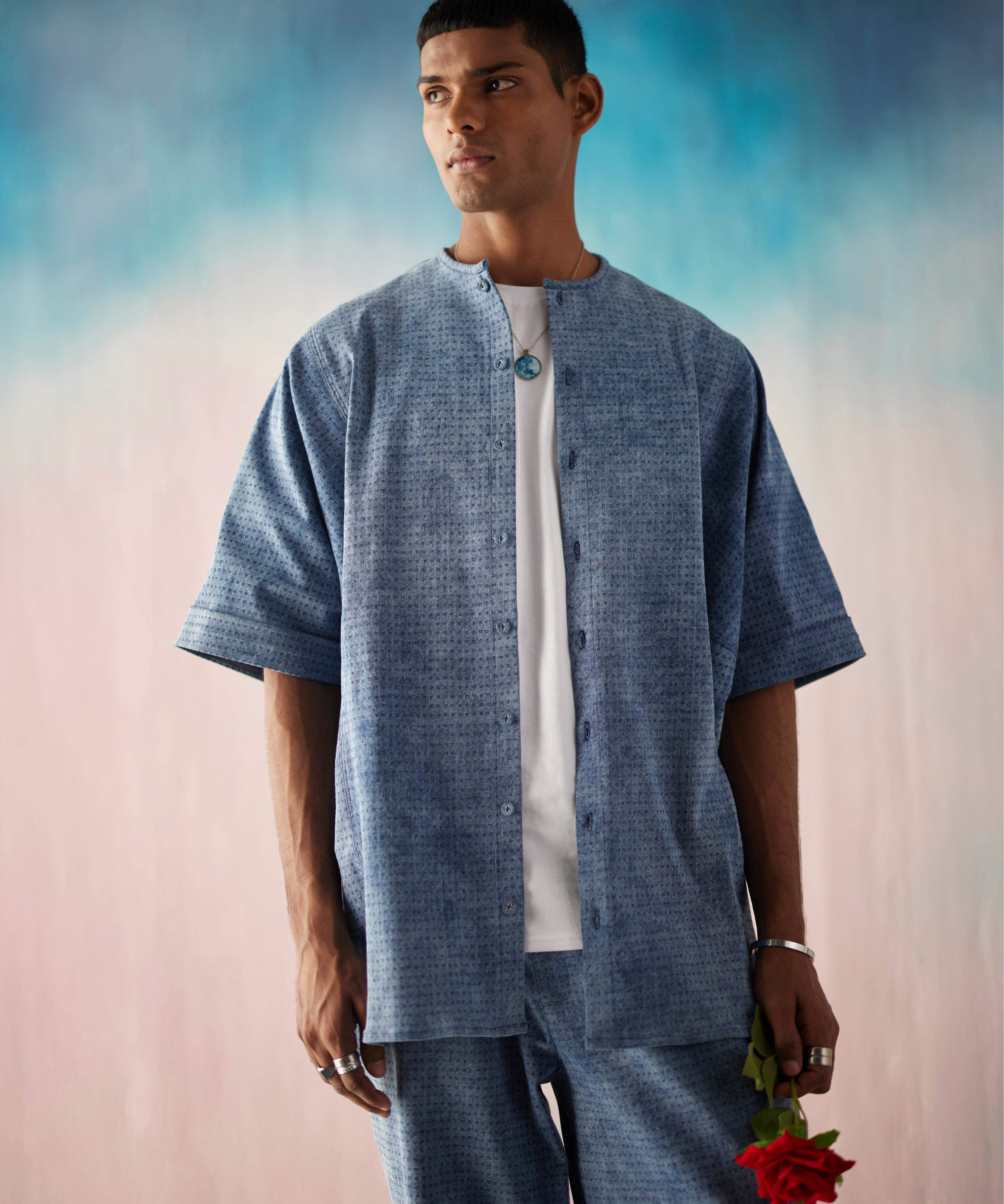 Denim Small Heart Print Oversized Shirt