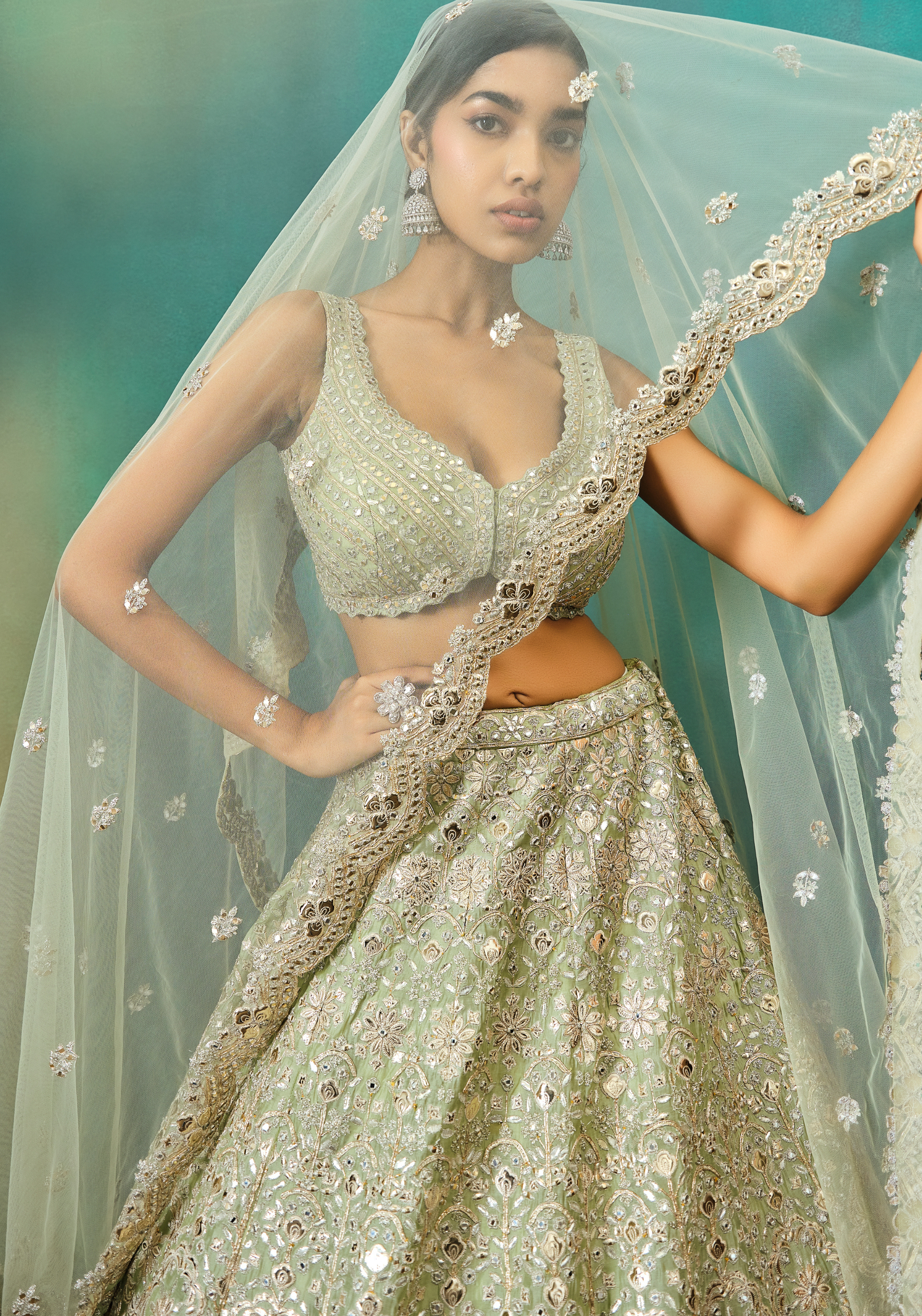 Sage Green Net Foil Applique Lehenga