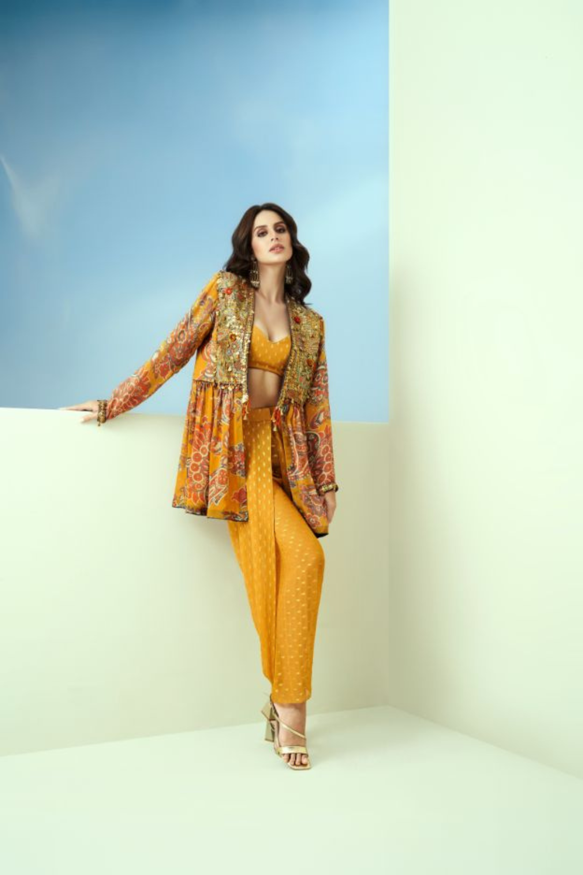 Yellow Printed Organza Yoke Emb. Peplum Jacket & Dhoti Pant