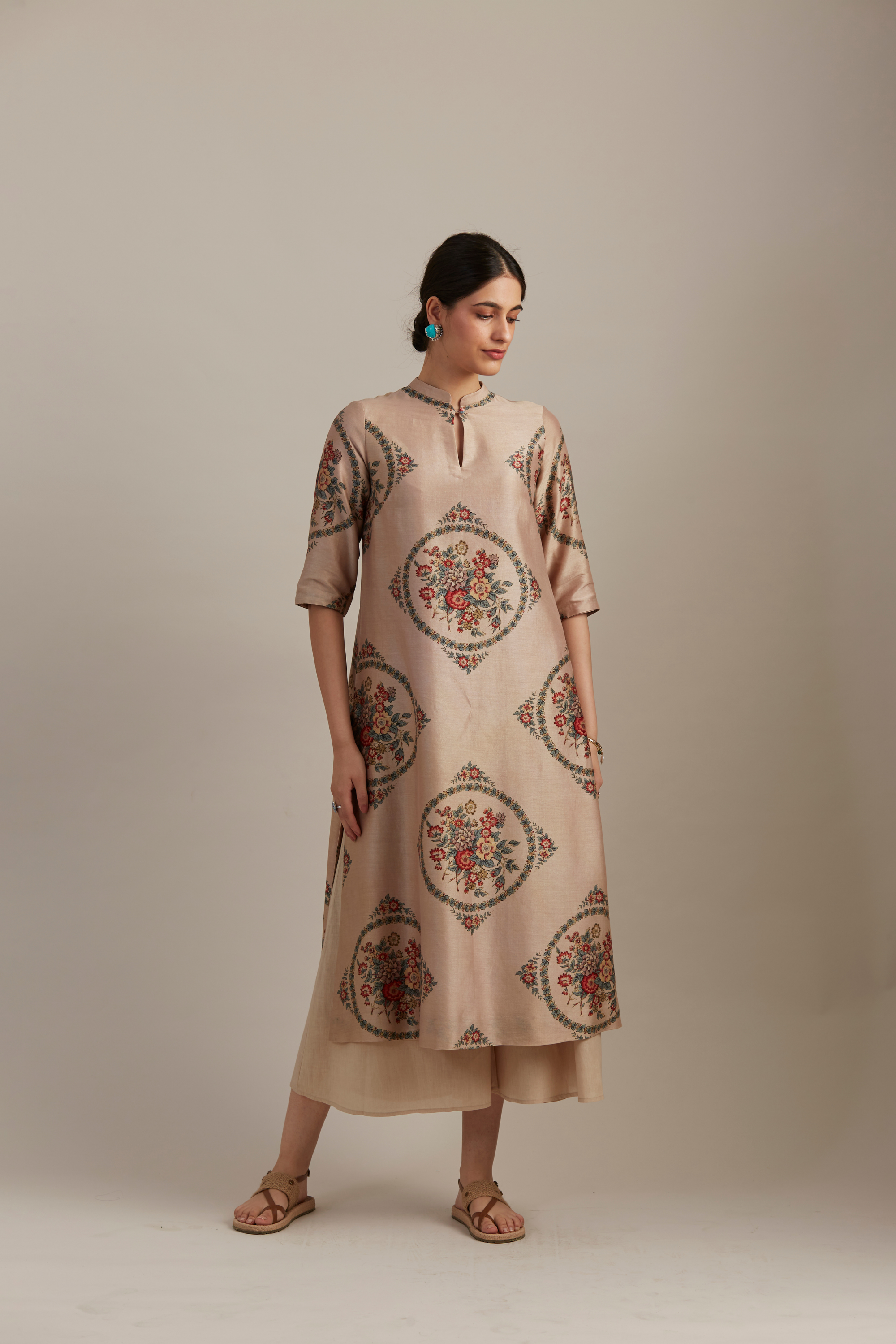 Beige Silk Chanderi Bloomcycle Printed Kurta