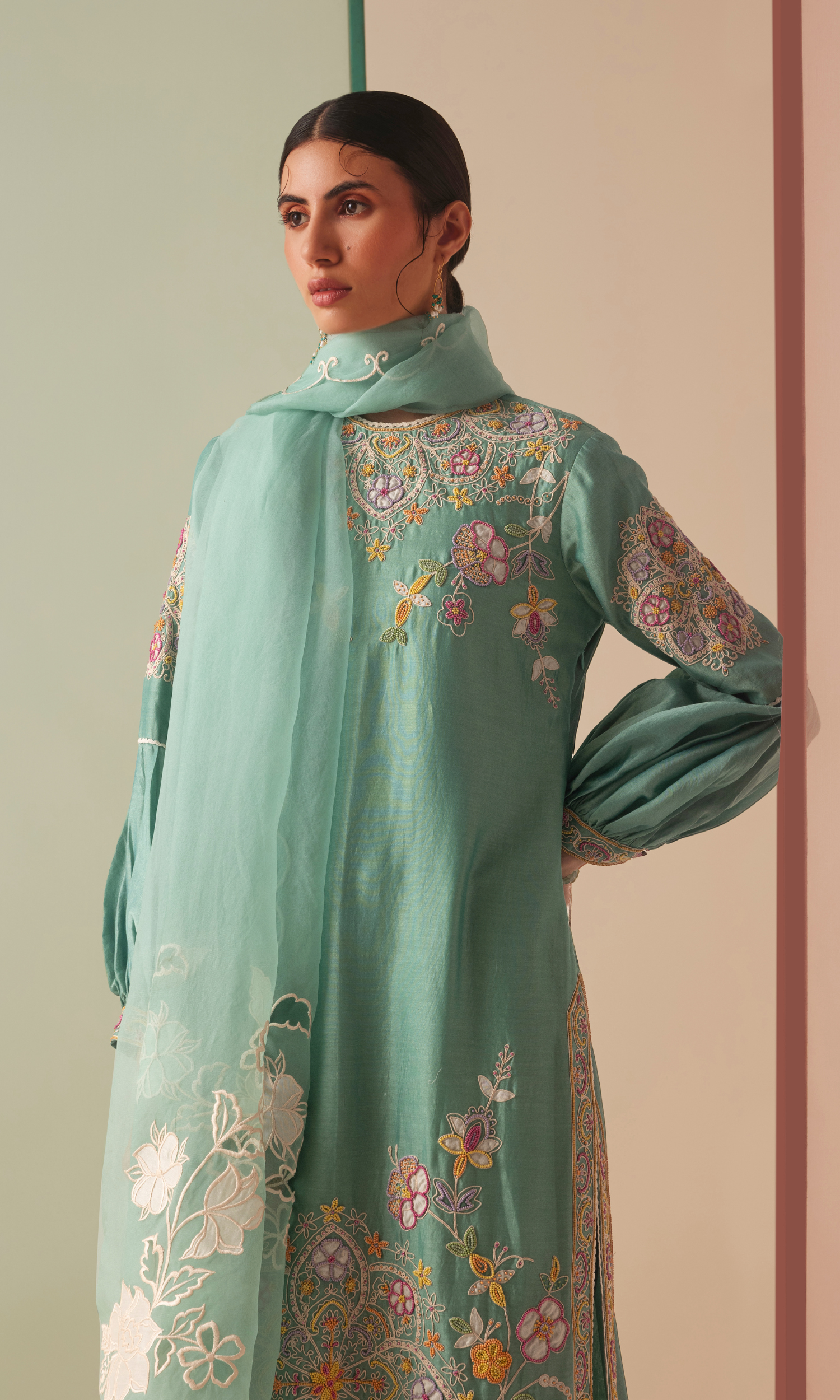 Aqua cutwork and applique organza dupatta