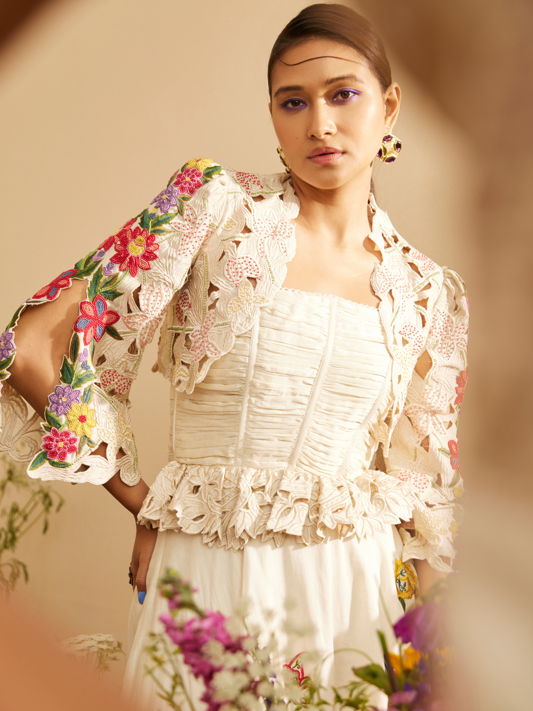 Ivory Cutwork And Beadwork Bolero Jacket