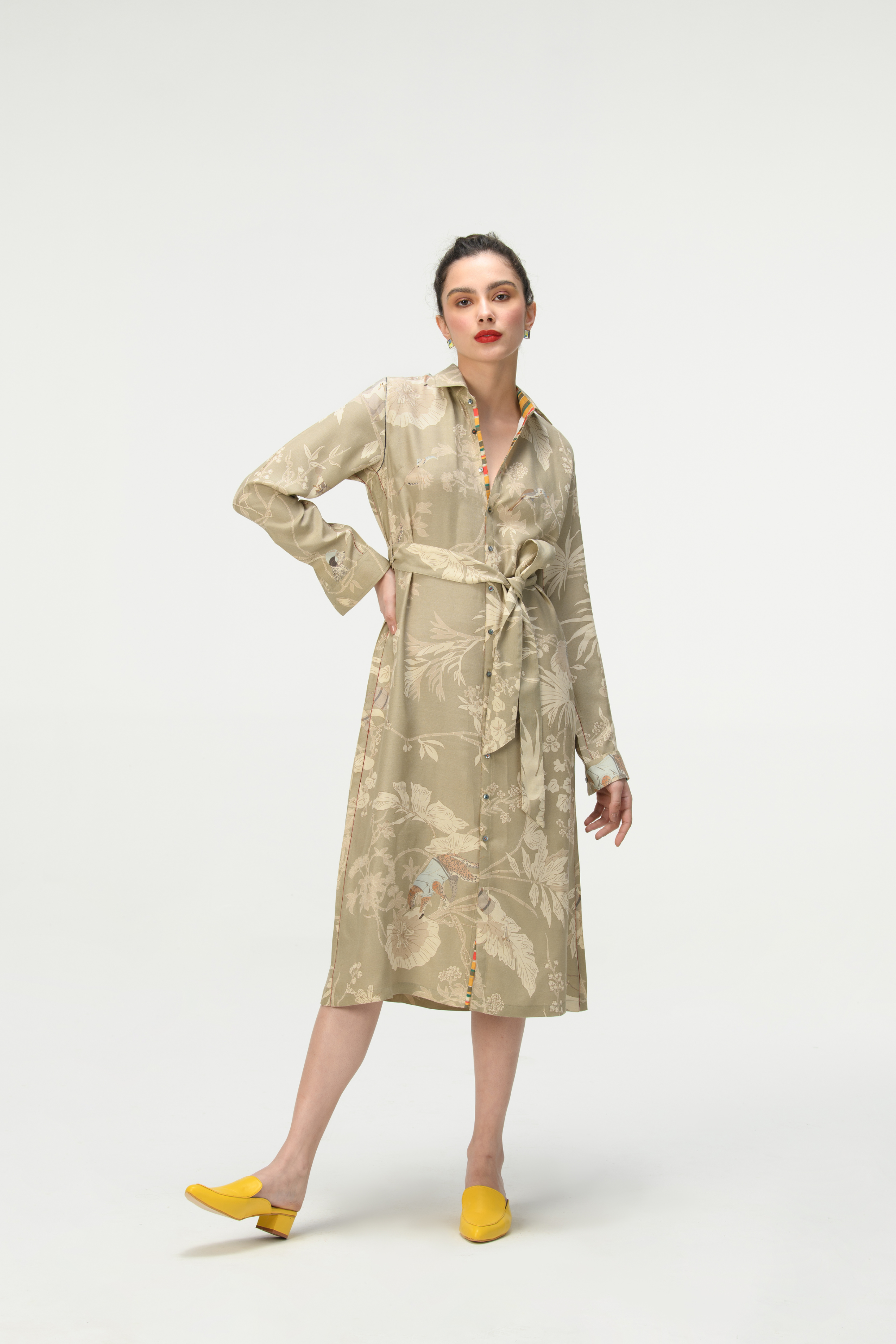 Rainforest Tie Belt Shirt Dress Oyster Grey Muga Satin Silk