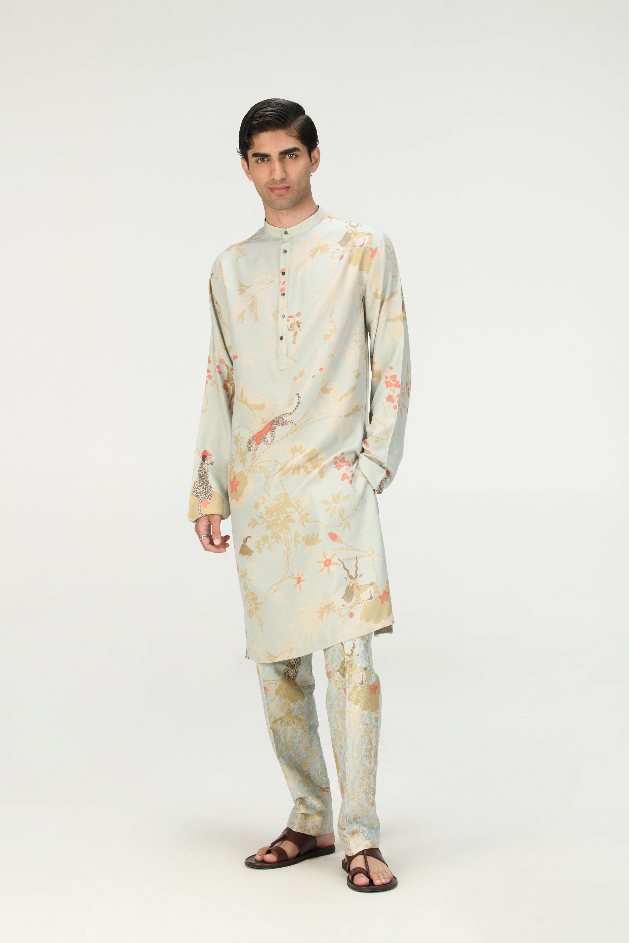 Rainforest Bade Miyan Kurta Ice Blue Muga Satin Silk