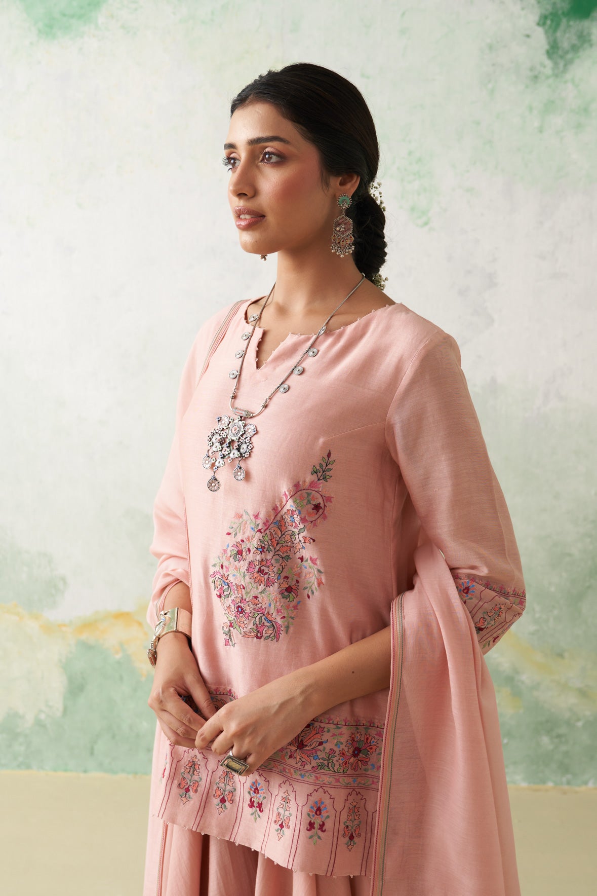 Soft Pink Chanderi Kashmiri Emb. Short Kurta