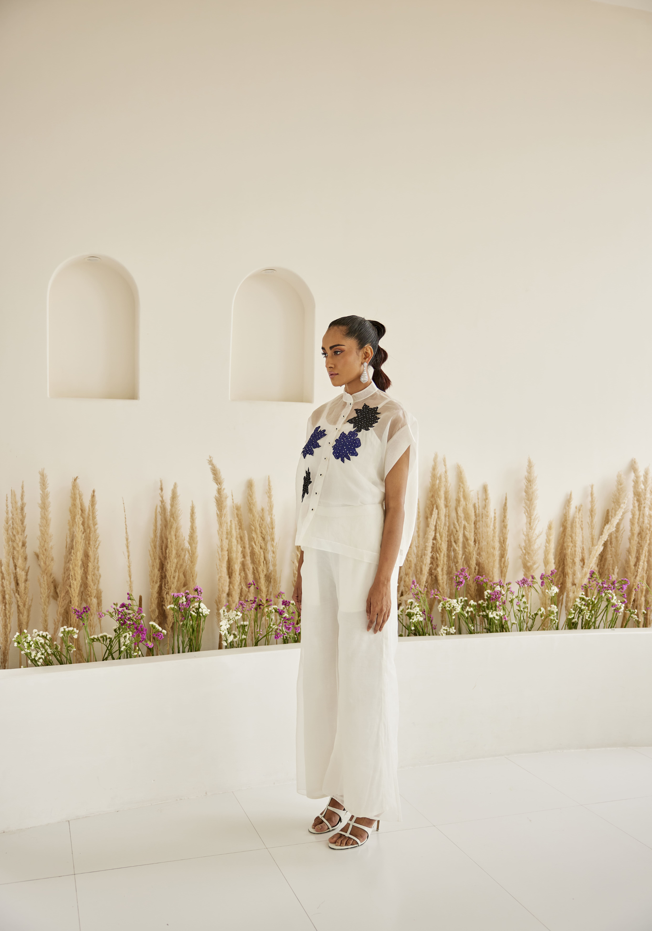 Organza Bandhani Applique Cap Sleeves Top