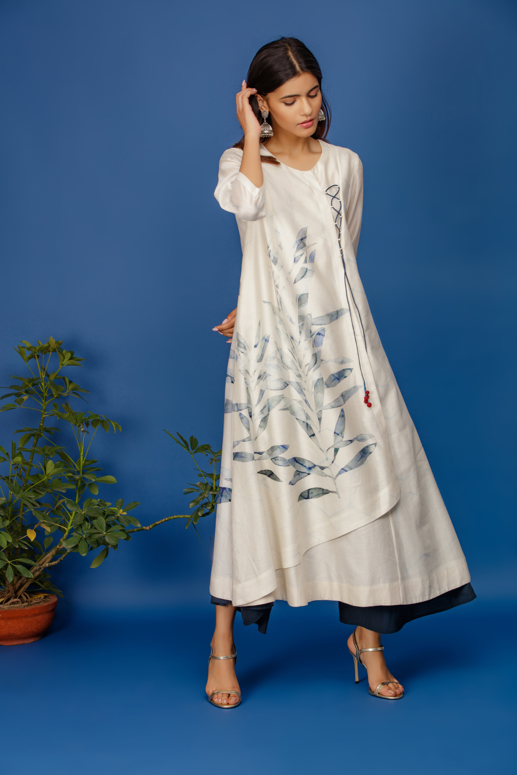 Leaf Printed Angrakha Ivory Kurta With Full Back & Front Print