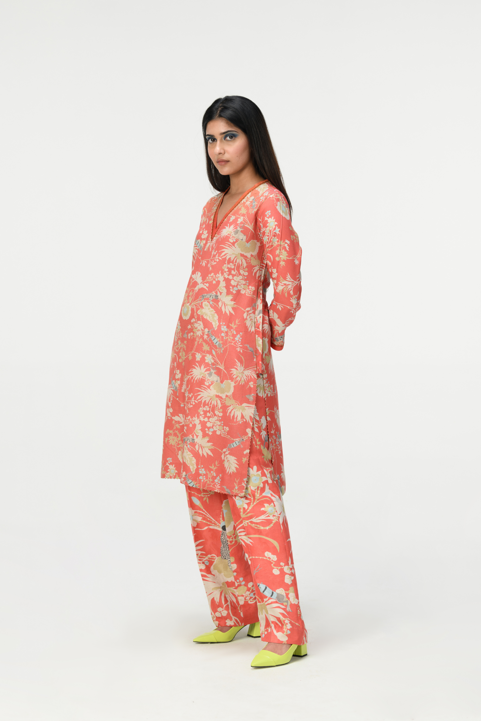 Rainforest Roshan V Neck Kurta Coral Muga Satin Silk