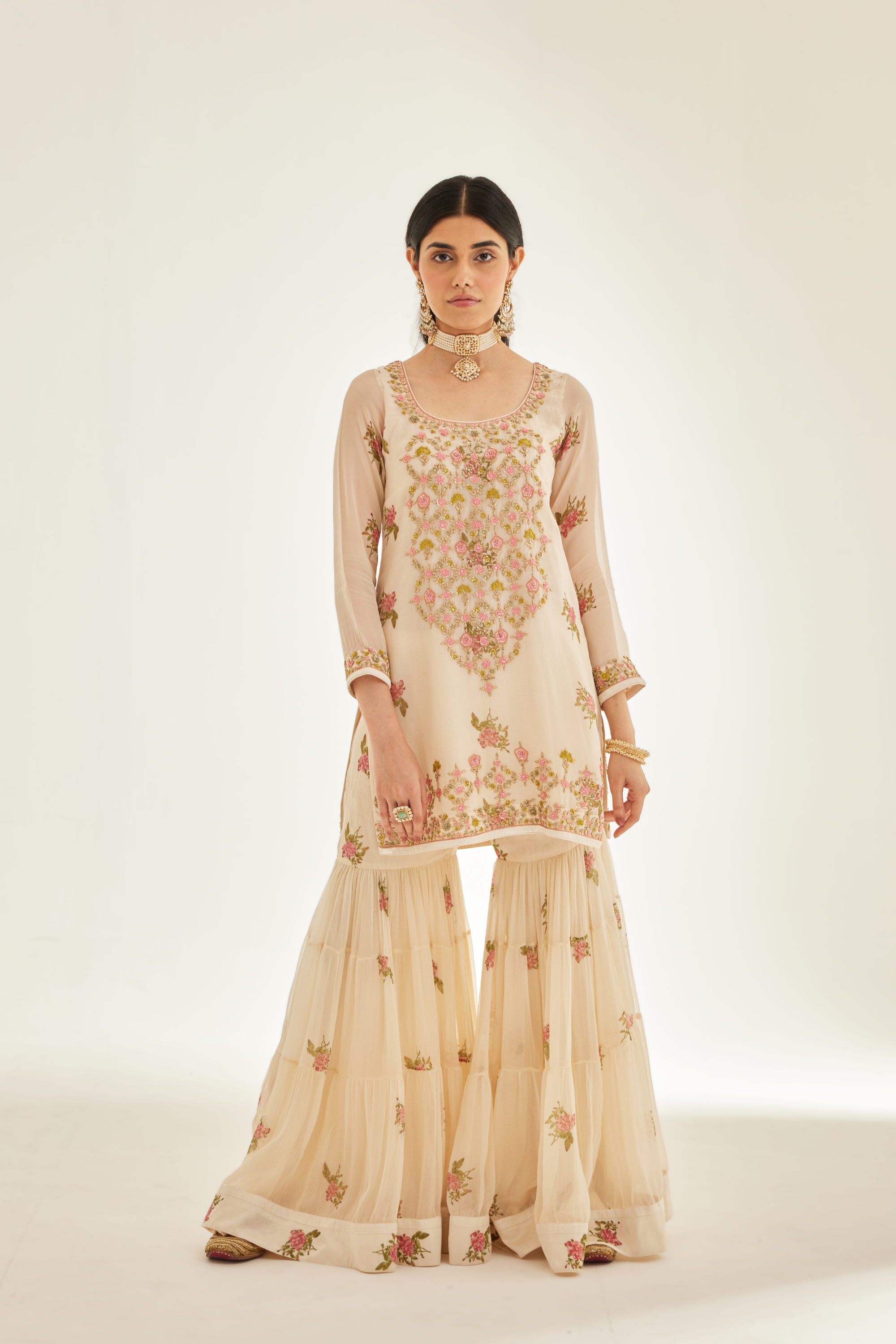 Zardozi Embroidered Hand Block Printed Organza Kurta And Dupatta.